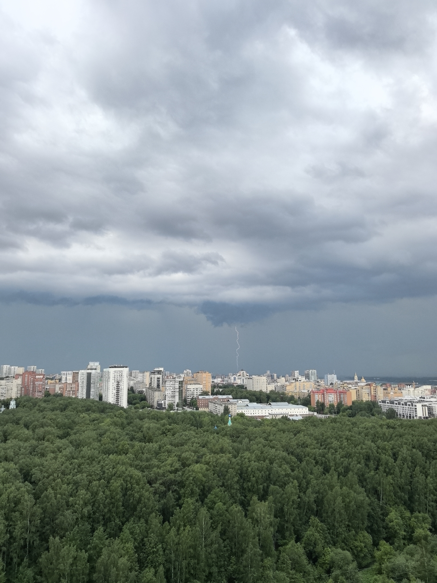 The image captures a dramatic high-angle view of a city sprawling alongside a vast, dense forest under a turbulent sky. In the foreground, a vibrant green canopy of deciduous trees covers a significant portion of the landscape, forming a natural buffer between the viewer and the urban area.
Beyond the expansive treeline, the city of Perm, Russia, unfolds with a mix of residential and commercial buildings. The cityscape features numerous multi-story structures of varying heights and architectural styles, including modern, light-colored high-rises and older, reddish-brown buildings. Some distinct domes or spires are faintly visible among the rooftops, adding character to the skyline.
The sky is heavily overcast with dark, dense gray clouds, indicating severe weather conditions. The most striking element of the scene is a bright, distinct lightning bolt descending from the dark clouds in the mid-right section of the sky, illuminating the moment of an active thunderstorm. The overall lighting suggests it is daytime, but the heavy cloud cover casts a dim, dramatic ambiance over the entire landscape. There is no visible text in the media file.