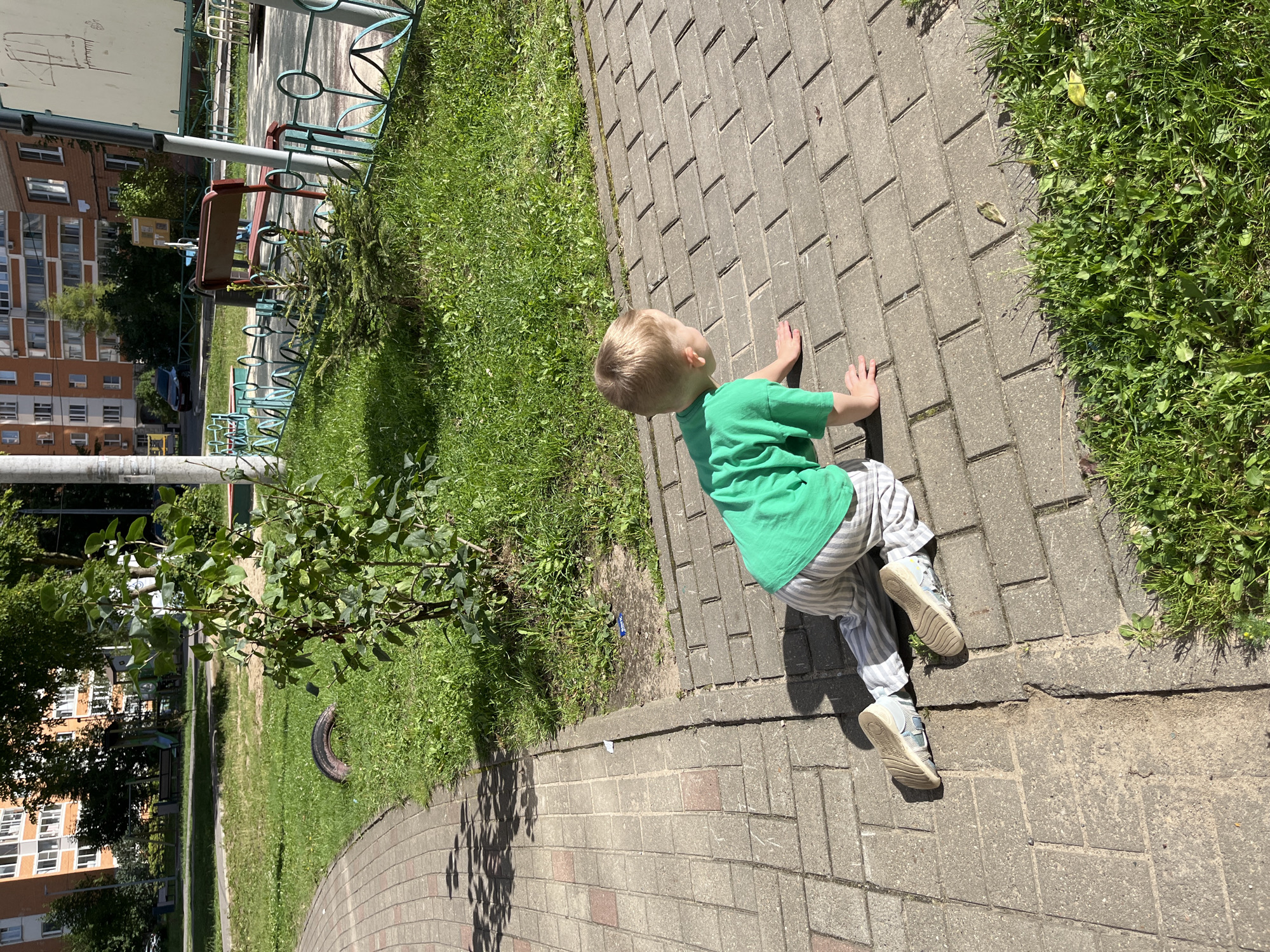 A young boy with blonde hair is on all fours on a paved walkway in a residential area. He is wearing a green t-shirt and striped pants. The walkway is made of rectangular gray bricks. To the left of the walkway is a strip of green grass with a curved brick path bordering it. In the background, there is more grass, trees, a tire lying on the ground, a playground with a red bench, and apartment buildings. The scene appears to be in a park or courtyard. The lighting suggests it is daytime and sunny.