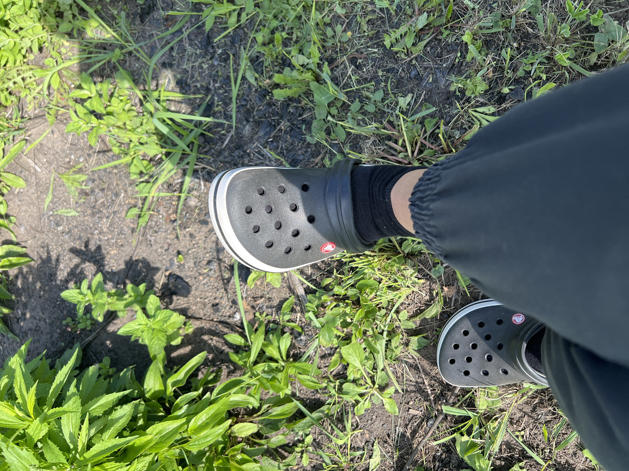 The image shows a person's feet wearing black Crocs and black socks, standing on a patch of ground with green vegetation and dirt. The Crocs are the classic clog style with ventilation holes. One foot is positioned slightly forward, with the toe of the Croc pointing upwards. The other foot is behind and to the side, also wearing a black Croc. The ground appears to be a mix of soil, dry leaves, and grass, with some larger green plants on the left side of the frame. The lighting suggests it is daytime, with sunlight casting shadows on the ground. The location of Volzhskiy Utes, Russia, is not visible in the image itself but is provided as context for the scene.