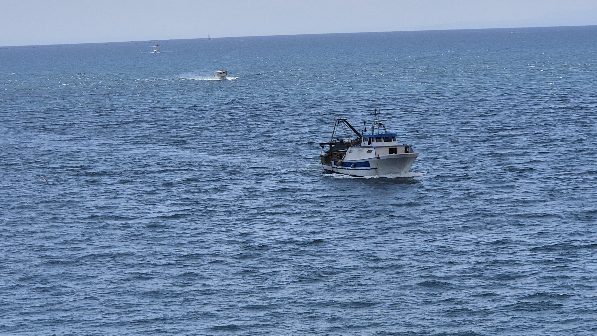 A white and blue fishing boat with a crane is navigating choppy blue water. In the background, a smaller white boat is visible in the distance, also at sea. The sky is overcast and the horizon is visible. This image was taken in Taranto, Italy.