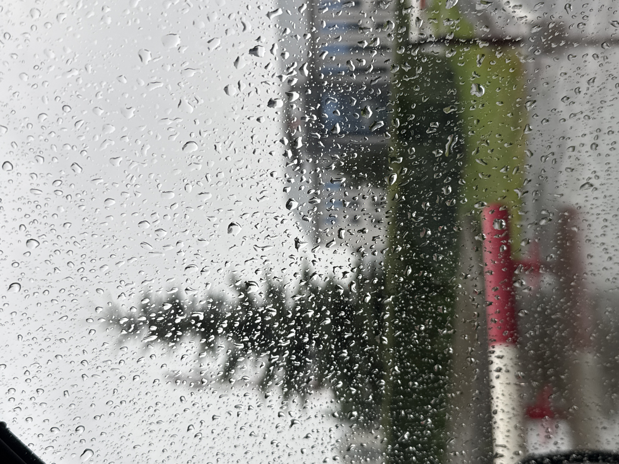 The image is taken through a rain-streaked window, likely from a vehicle. The foreground is dominated by numerous raindrops distorting the view of the background. In the middle ground, a blurry dark green evergreen tree is visible, with a building or structure behind it that appears to be a light-colored industrial building with blue accents. In the lower part of the image, a red and white barrier is partially visible, suggesting an area with controlled access, possibly a parking lot or an industrial site. The overall environment appears overcast and damp, indicative of rainy weather. The specific location within the city of Perm, Russia, cannot be determined from the visual information alone.