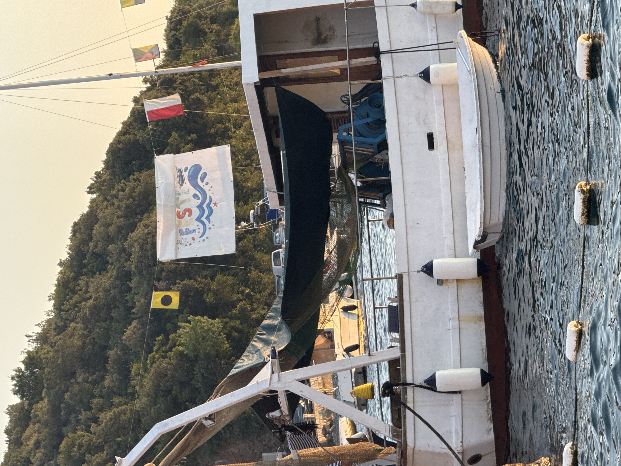 A white fishing boat is moored in calm, blue water, with a lush, green, tree-covered hillside in the background. The boat has a white hull and deck, with various pieces of equipment and netting visible. There are several white and black fenders hanging along the side of the boat. A small white dinghy is tied to the side of the fishing boat. A banner with the word "FEST" is hanging from the mast of the boat. There are several nautical flags displayed on the mast, including a yellow flag with a black circle and a red and white checkered flag. The lighting suggests it is late afternoon or early evening, with the sun casting a warm glow.