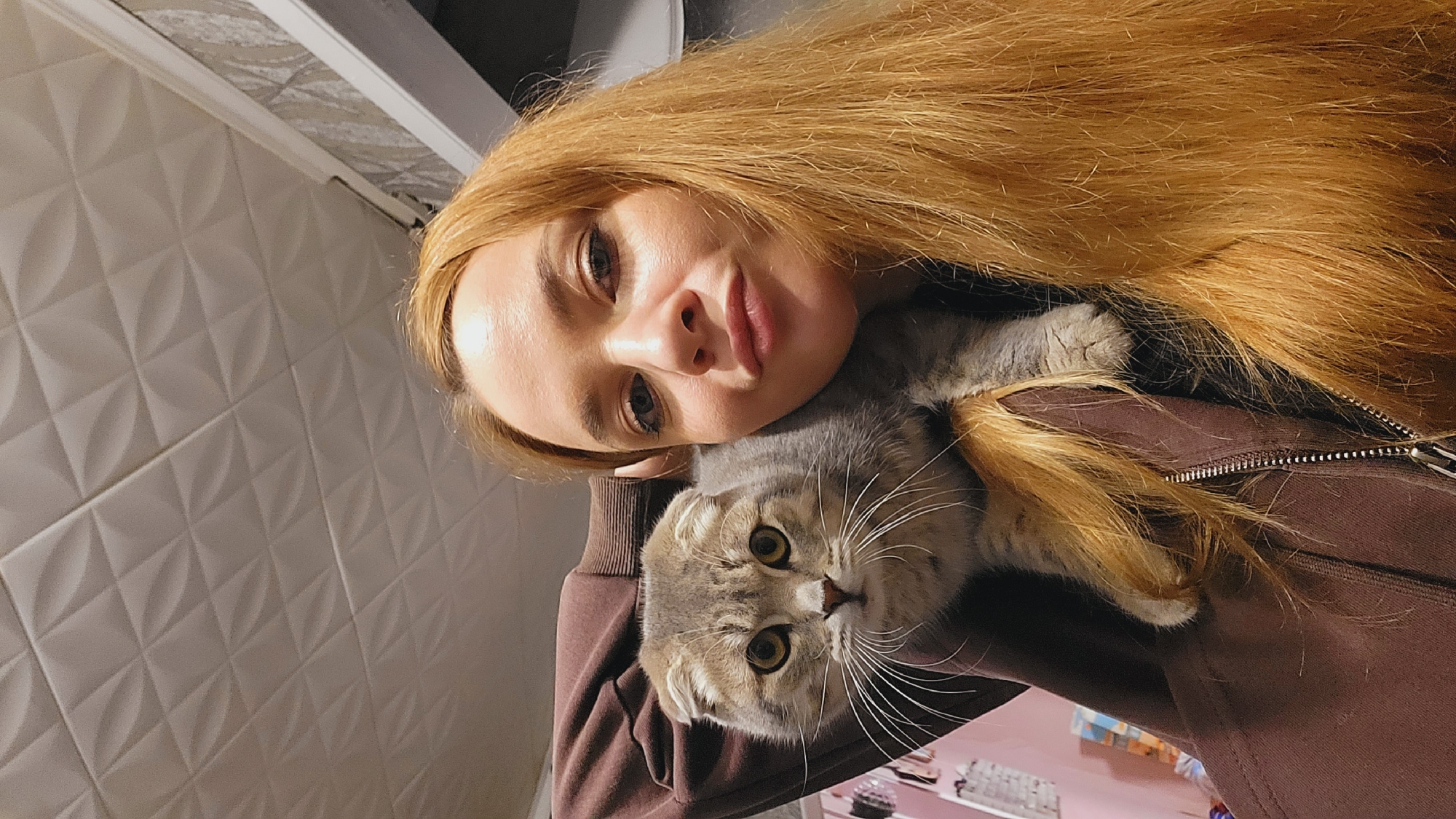 A woman with long, auburn hair poses in a selfie. A grey Scottish Fold cat rests on her shoulder. The woman wears a brown hooded sweatshirt with a visible zipper. The background includes textured white tiles and a blurred glimpse of a pink surface with a keyboard. The location is likely indoors, but there is no evidence to confirm it is Зипуново, Russia.