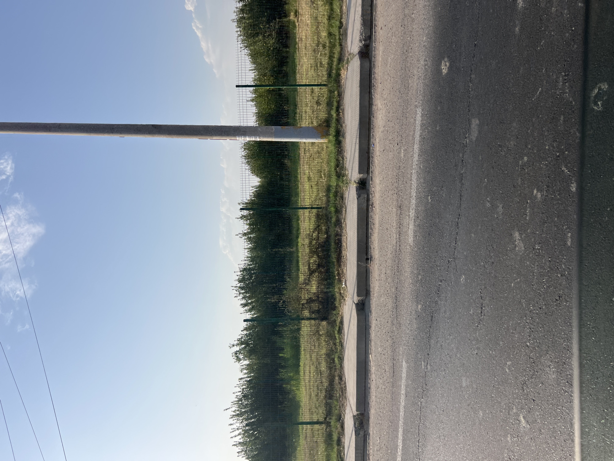 An outdoor, eye-level, medium shot captures a road, sidewalk, fence, and a utility pole under a bright, blue sky with sparse white clouds. The foreground is dominated by an asphalt road with a white line marking its center, showing some wear and tear with cracks and patches. To the left of the road is a concrete sidewalk, which appears uneven and damaged in sections, with grass growing through some cracks. Behind the sidewalk, a green wire mesh fence runs horizontally across the frame, separating the sidewalk from a grassy area. Beyond the fence, dense green bushes form a thick hedge. A tall, gray concrete utility pole stands prominently to the right of the frame, positioned just behind the fence. The scene is illuminated by natural daylight, suggesting it is daytime. The environment appears to be an urban or suburban setting, likely a roadside in Kibray, Uzbekistan, given the context. There are no people or animals visible in the image, and no specific actions or interactions are depicted.