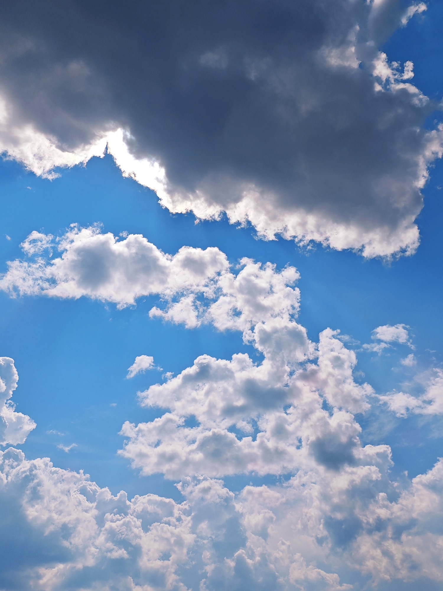 The image depicts a bright blue sky filled with various types of clouds. In the upper portion of the frame, a large, dark gray cloud dominates, with a sliver of bright white light peeking through its lower edge, suggesting the sun is behind it. Below this, numerous white, fluffy cumulus clouds are scattered across the sky. Some of these clouds are large and voluminous, while others are smaller and more wispy. The overall impression is that of a partly cloudy day. The scene is entirely natural, with no man-made structures or living beings visible. The image is a vertical shot looking upwards at the sky.