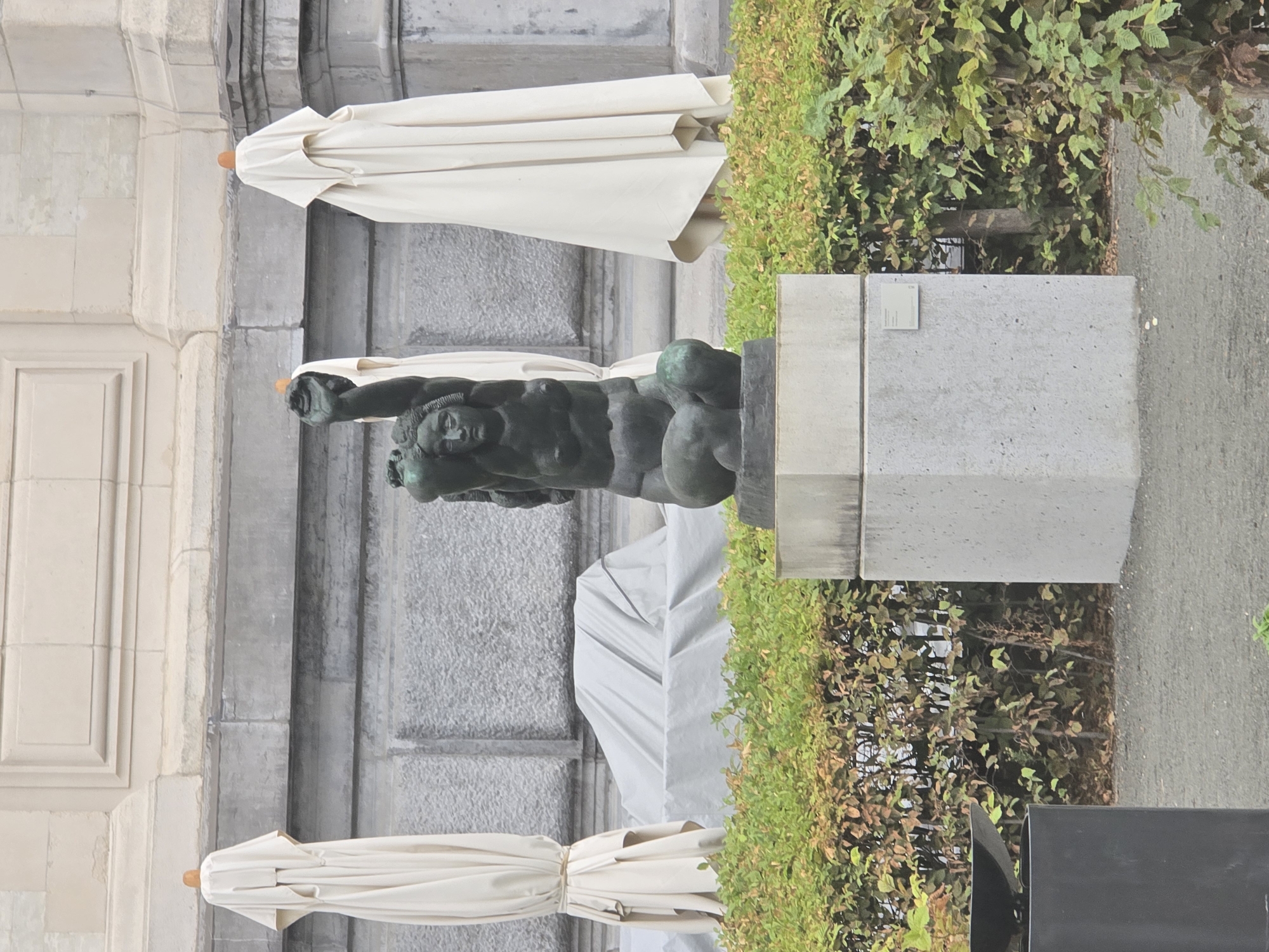 The image depicts an outdoor scene featuring a bronze sculpture on a pedestal, surrounded by a manicured hedge and two large, closed cream-colored umbrellas. In the background, a large building with classical architectural elements is visible. The sculpture is of a woman with her arms raised, clutching an object. The building appears to be the Royal Museum of Fine Arts in Antwerp, Belgium. The scene is overcast, suggesting a cloudy day. There are no people or animals visible in the image. A gray tarp covers a rectangular object behind the umbrellas on the left. A black trash receptacle is present in the lower left corner.
