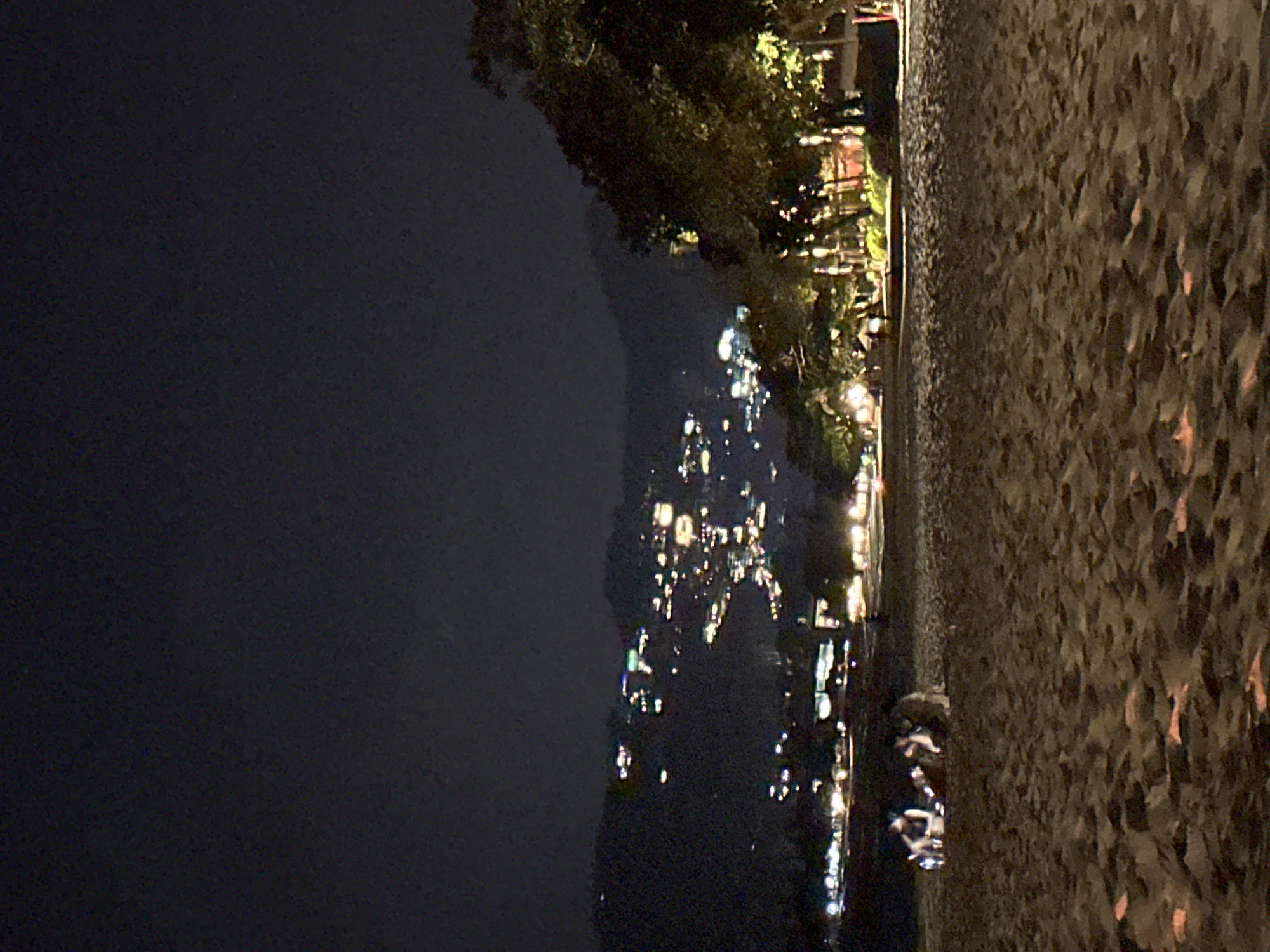 At night, the image presents a view from what appears to be a beach in Baan Chaweng, Thailand. The dark water and sky fill the left half of the image, partially obscured by a mountain range dotted with lights from structures on the hillside. Along the right side is a sandy beach, the grainy texture suggesting the composition of the sand. A line of trees with glowing lights runs parallel to the beach, marking a transition to what may be a more developed area. A small group of people is visible near the water's edge, their shapes indistinct in the dim lighting.