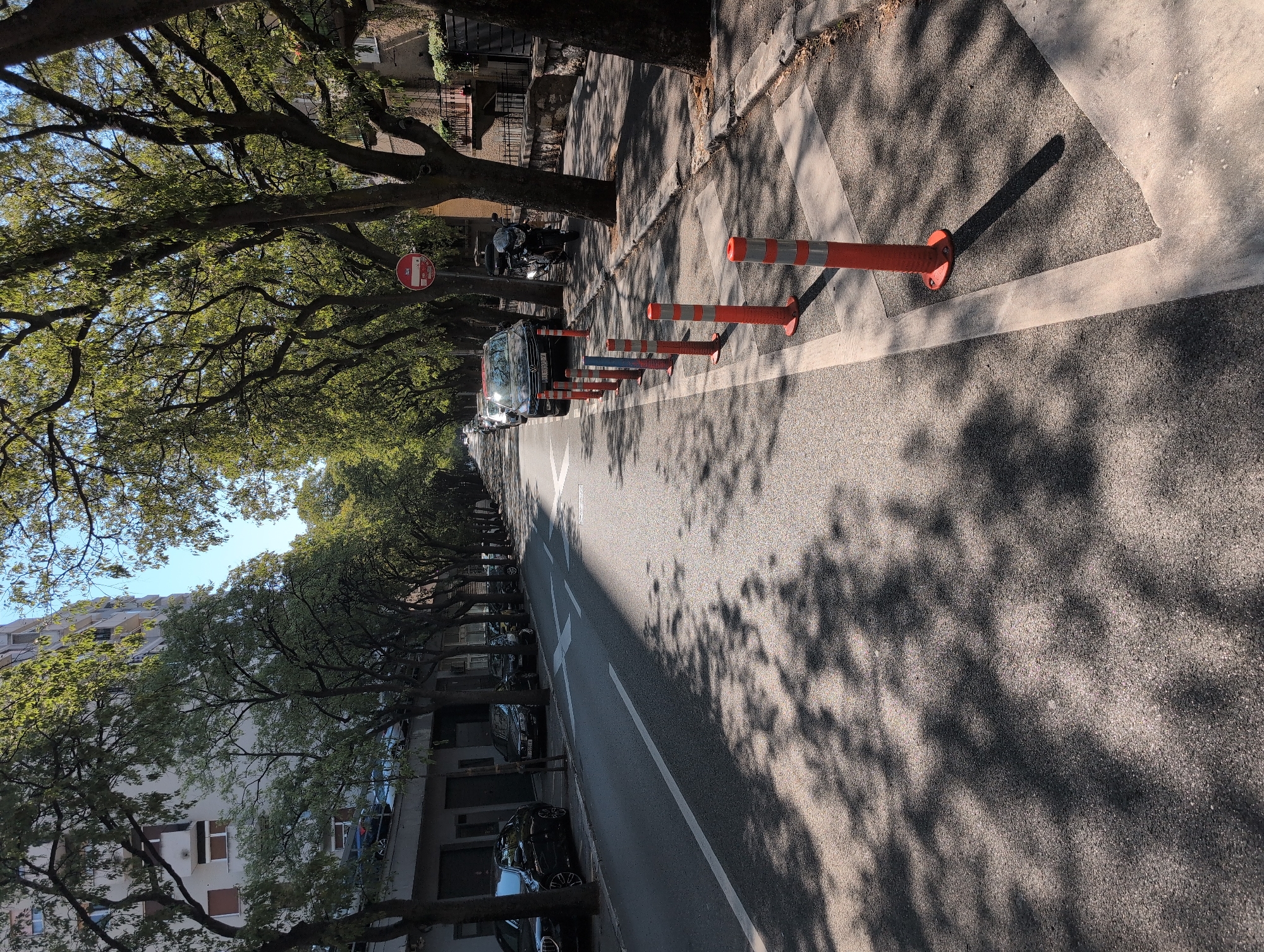 This image captures a street scene in Rijeka, Croatia, likely on a sunny day, given the distinct shadows cast by trees onto the asphalt. The street is lined with parked cars and trees, creating a shaded canopy over the road. Orange traffic cones are placed along the side of the road, possibly indicating a temporary closure or a change in traffic flow. A red and white circular sign with a diagonal line is visible on a pole amongst the trees, which typically signifies a prohibition. The architecture suggests an urban environment with multi-story buildings lining the street. The presence of parked vehicles and pedestrian walkways indicates a functional city street.