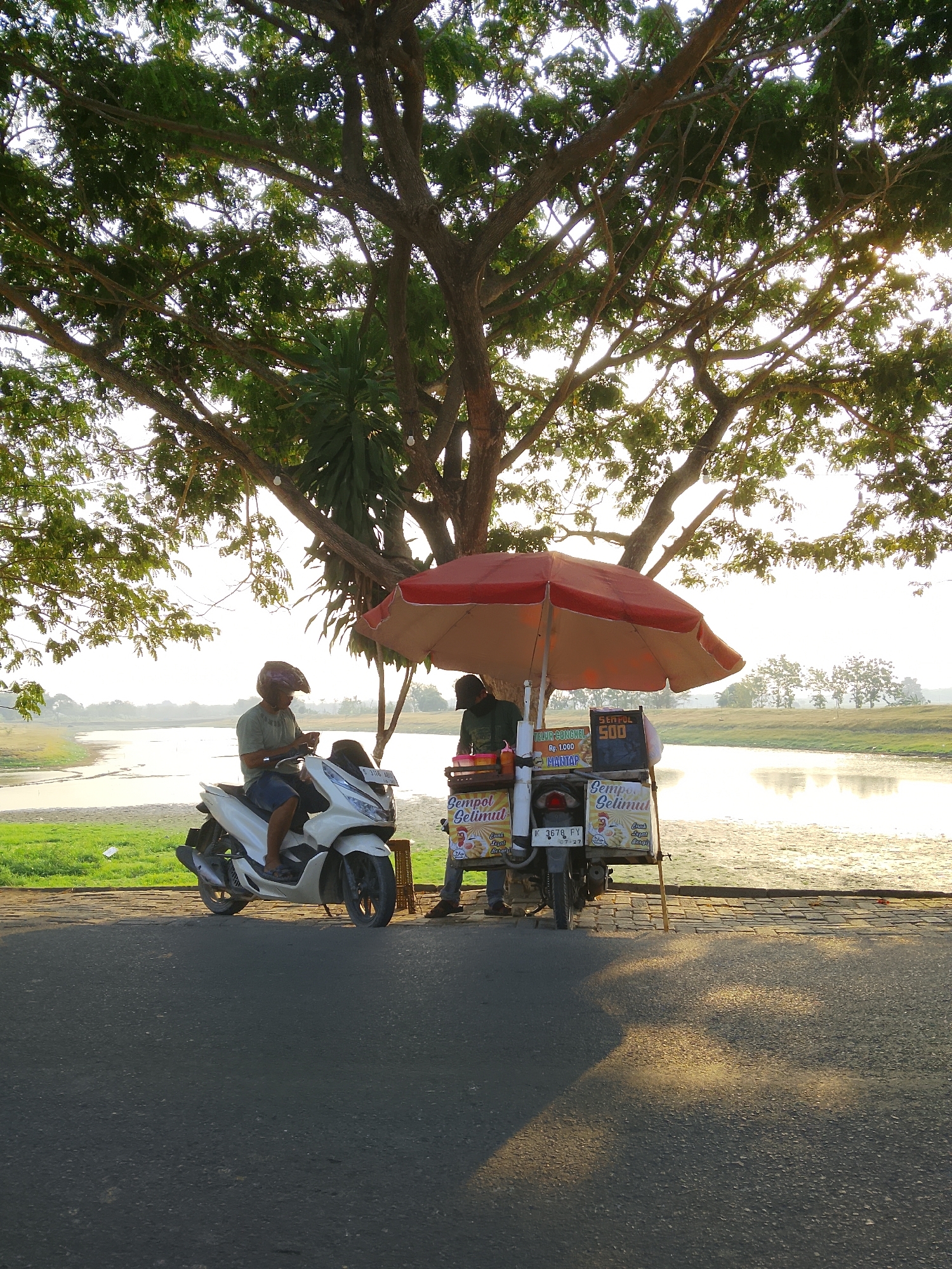 A wide shot captures a roadside scene at golden hour in Ngadrin, Indonesia, beneath the sprawling branches of a large tree. In the foreground, an asphalt road stretches towards the viewer, with dappled sunlight and shadows creating an uneven texture. To the left, a white scooter is parked on a grassy area adjacent to the road, with a person wearing a helmet and a green t-shirt seated on it, appearing to be using a mobile device. Beside the scooter, a mobile food cart is set up, covered by a red and beige umbrella. Two individuals are positioned at the cart, one leaning over it, likely preparing or serving food, and another standing behind it. The cart is adorned with various signage, including one that reads "SEMUL 500" and others with text in what appears to be Indonesian, possibly detailing prices or food items like "Sertul" and "Sempul Gelimut". In the background, a body of water, likely a river or lake, reflects the warm sunlight, with lush green grass lining its banks. A line of trees can be seen in the distance, silhouetted against the bright, hazy sky. The overall atmosphere is tranquil, suggesting a quiet moment in a rural or semi-rural setting.
