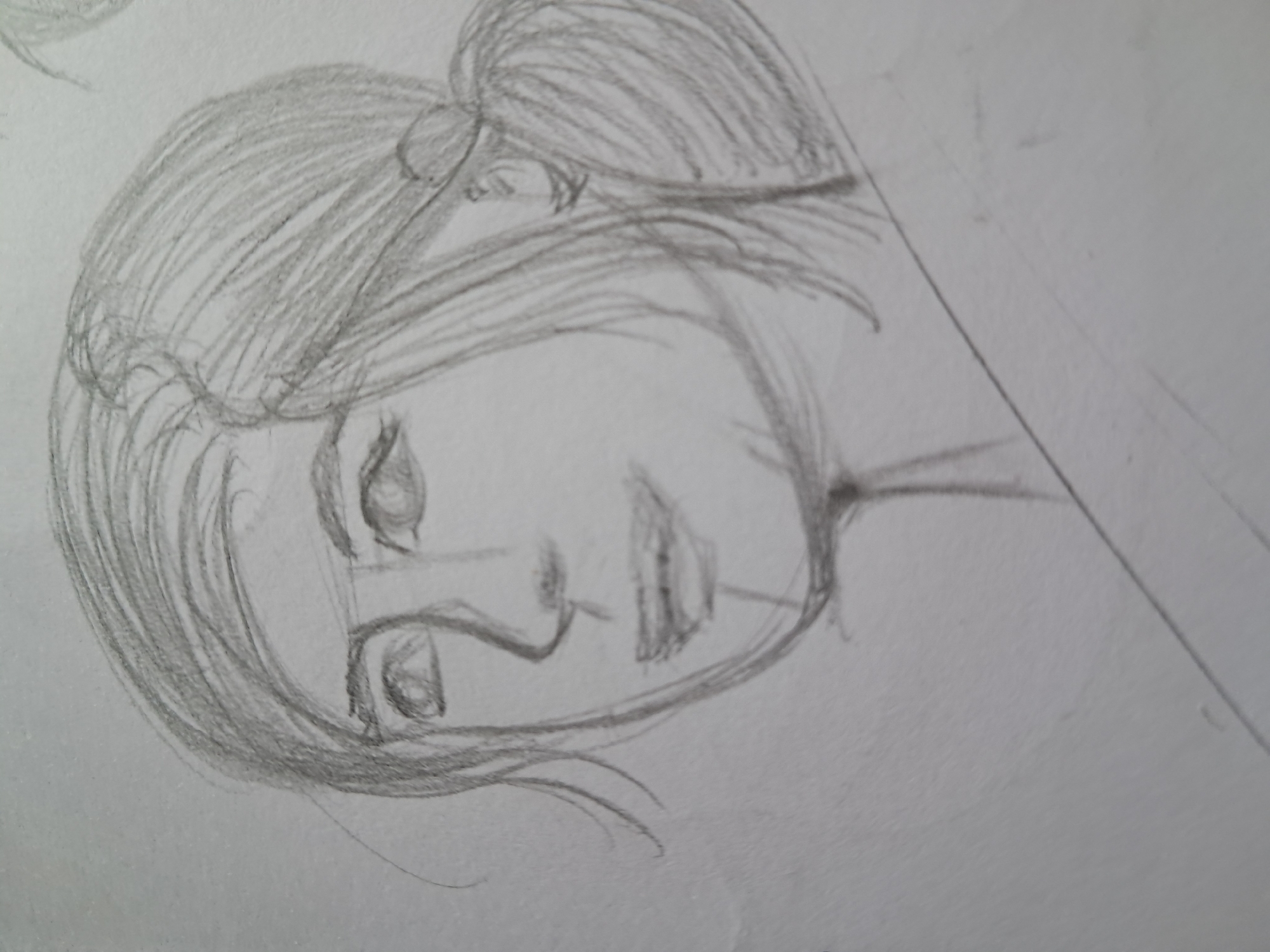 A sketch of a woman's face, rendered in pencil on a white background. The woman has her hair pulled back into a ponytail. Her head is tilted slightly to the left, and she is looking to the upper left. Her eyes are open, and her mouth is slightly open as if she is about to speak or is in mid-sentence. The sketch is detailed, showing the texture of her hair and the contours of her face.