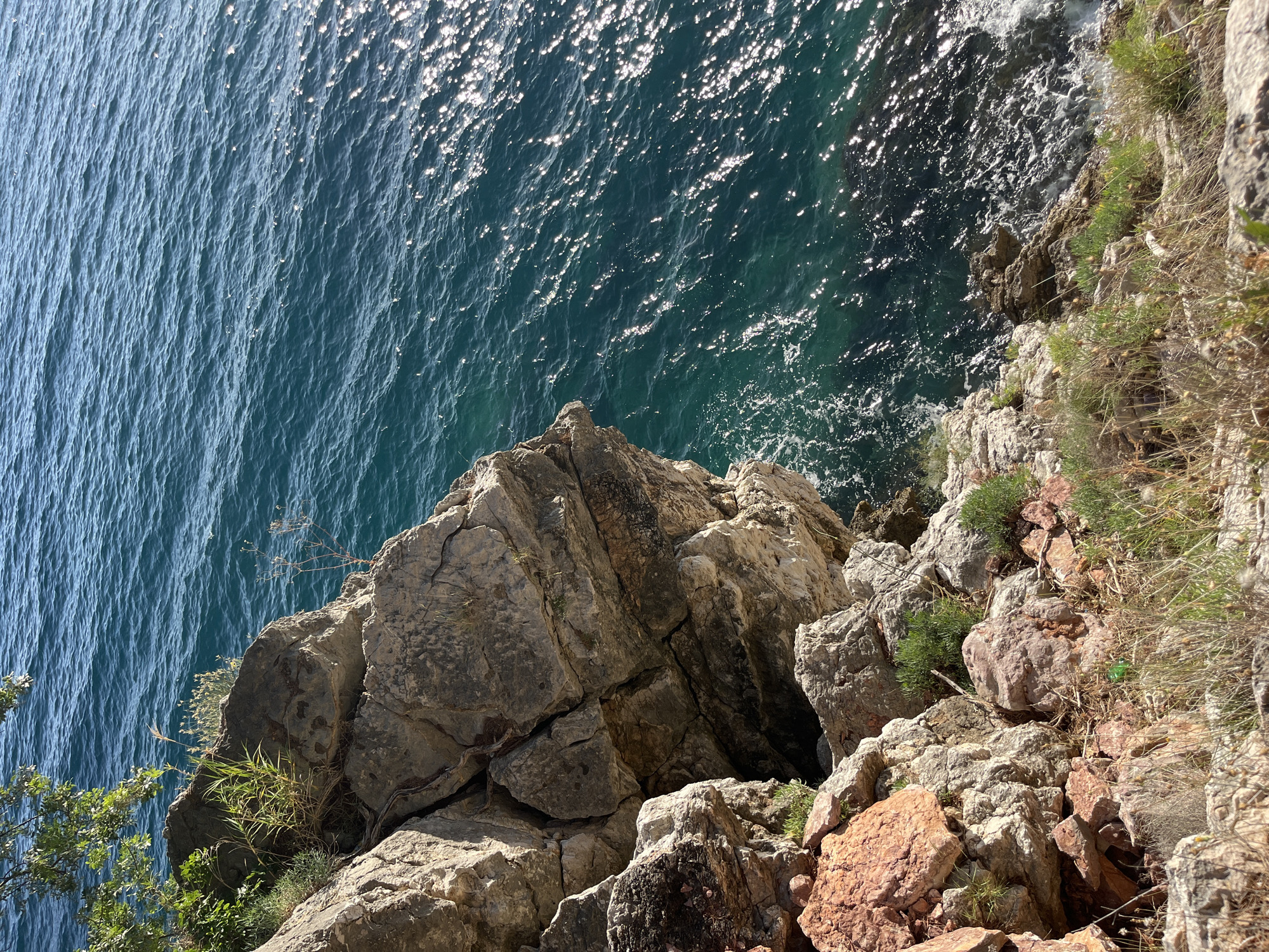 The image displays a high-angle view of a rocky coastal cliff meeting the sea, located in Boreti, Montenegro. The left and bottom portions of the frame are occupied by a steep, rugged rock face composed primarily of weathered greyish-brown stone, with sections of reddish-brown rock visible in the lower left. The rock formations exhibit prominent cracks and crevices. Sparse vegetation, including green grasses, small shrubs, and the foliage of a tree branch, grows out of the rock face and along its edges. A small, bright green object, consistent with a piece of plastic debris, is visible among the rocks and dry vegetation in the lower-left quadrant. The right and upper-right sections of the image depict the calm, dark blue-green sea. The water's surface is textured by small ripples and reflects numerous sparkling points of sunlight. Gentle waves are visible breaking against the base of the cliff. No human subjects, animals, or boats are present in the scene.