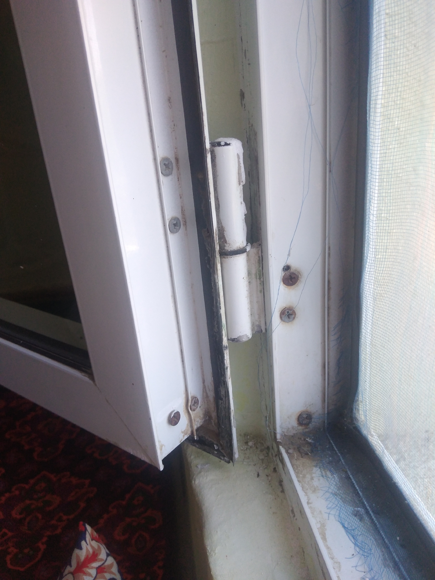 A close-up, eye-level, indoor shot captures a white casement window frame and its hardware. The window is partially open, revealing a white hinge mechanism with screws. The frame shows signs of wear and dirt, particularly around the edges and in the corner where the window meets the wall. A dark, patterned rug is visible in the lower left portion of the image, and a white and red fabric object rests on it. The background on the right side of the frame shows a fine mesh screen, likely part of a window screen, and a grimy sill. The lighting is moderate, suggesting an overcast day or an indoor setting with diffuse light. There are no people or animals present. The scene appears to be in an urban environment, potentially a residential building given the rug and window details.