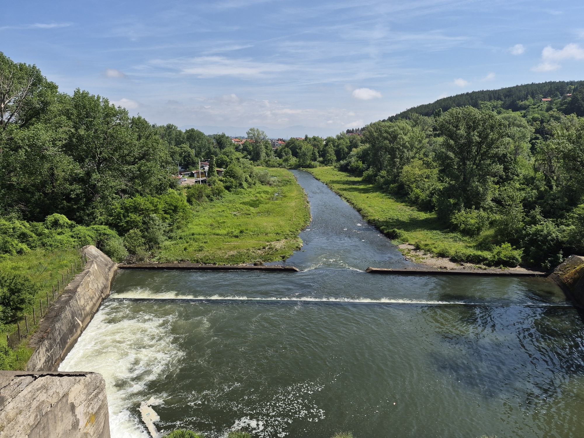 This image presents an elevated view of a river flowing through a lush green valley under a bright blue sky with scattered white clouds. In the immediate foreground, a concrete weir or small dam structure spans the river. Water cascades over this barrier, creating turbulent white foam on the left side of the frame, while the water downstream appears darker and calmer, with some surface ripples and small patches of foam.
The river is flanked by abundant greenery. The banks are covered with vibrant green grass and dense foliage from numerous trees, some of which are very tall. On the left side, a concrete retaining wall with a fence lines the riverbank leading up to the weir. Beyond the river, on both sides, heavily wooded hills rise into the distance. The hill on the right is particularly prominent, covered in dense forest.
Further downstream and in the mid-ground, glimpses of human settlement can be seen amidst the trees, including houses with red roofs and other buildings, suggesting a rural or semi-rural setting. The clear sky and bright illumination indicate that the photo was taken during the daytime, likely under sunny conditions. The scene evokes a sense of natural beauty and tranquility, with the man-made weir structure being the primary human intervention in the immediate landscape. The location is Pancharevo, Bulgaria. No visible text is present in the image.