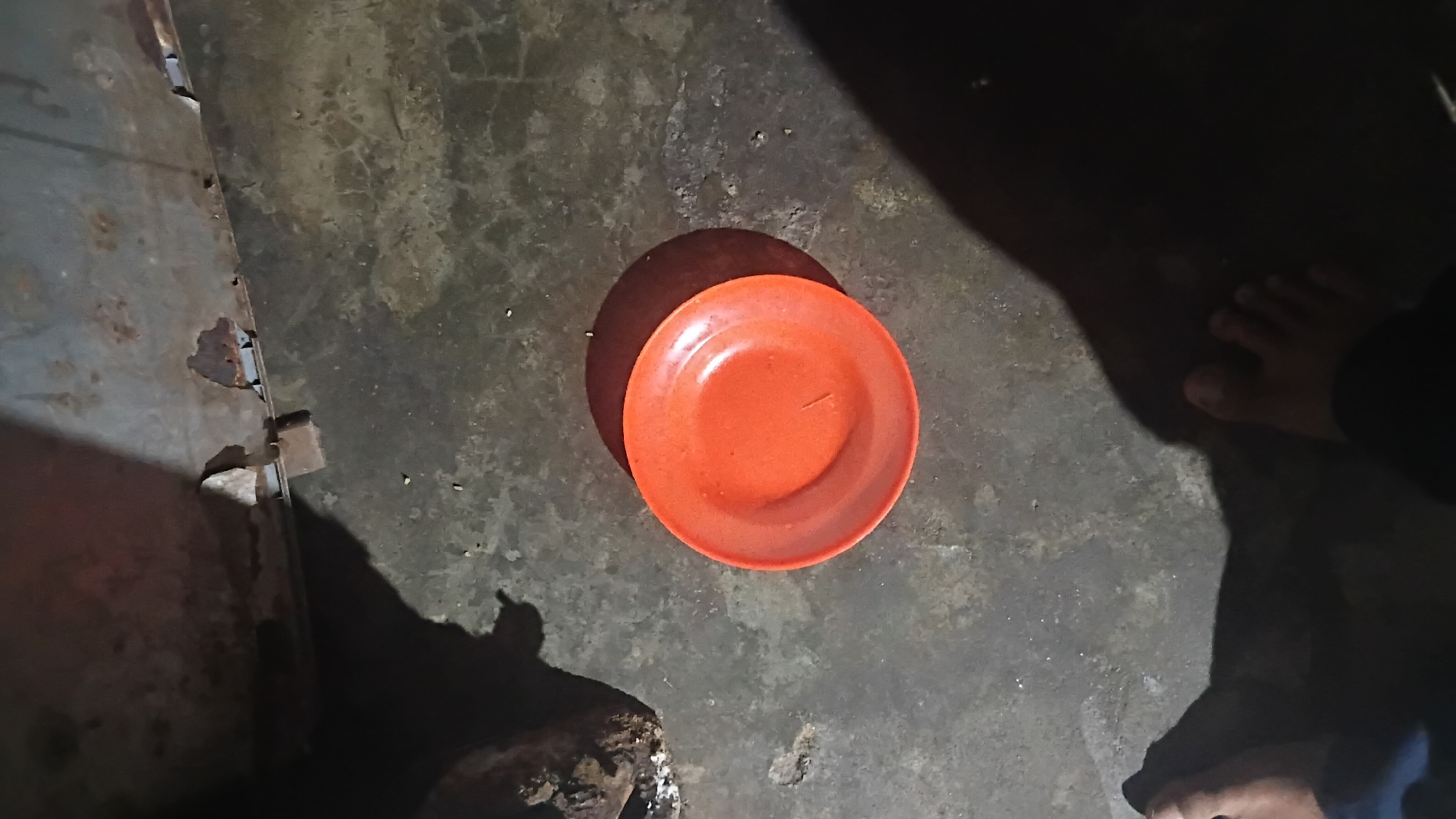An overhead, high-angle shot captures a scene on a dark, dirty concrete floor, possibly in a dimly lit area or shed. The floor is textured with cracks and appears to have some scattered debris. To the left of the frame, partially visible and out of focus, is what looks like the edge of a rusty metal structure, casting a prominent shadow.

Dominating the center of the image is a bright orange, shallow plastic plate, casting a distinct shadow. The plate is empty. In the foreground, the feet of at least two individuals are visible, partially illuminated by a light source from above and to the right. One set of feet is positioned to the left, the other to the right, suggesting the photographer is standing or sitting in this area. The overall impression is one of a mundane, perhaps utilitarian, environment.

The image does not contain any specific visual cues that can definitively place it within the city of Prabumulih, Indonesia. The scene depicts a common, everyday setting that could be found in many locations.
