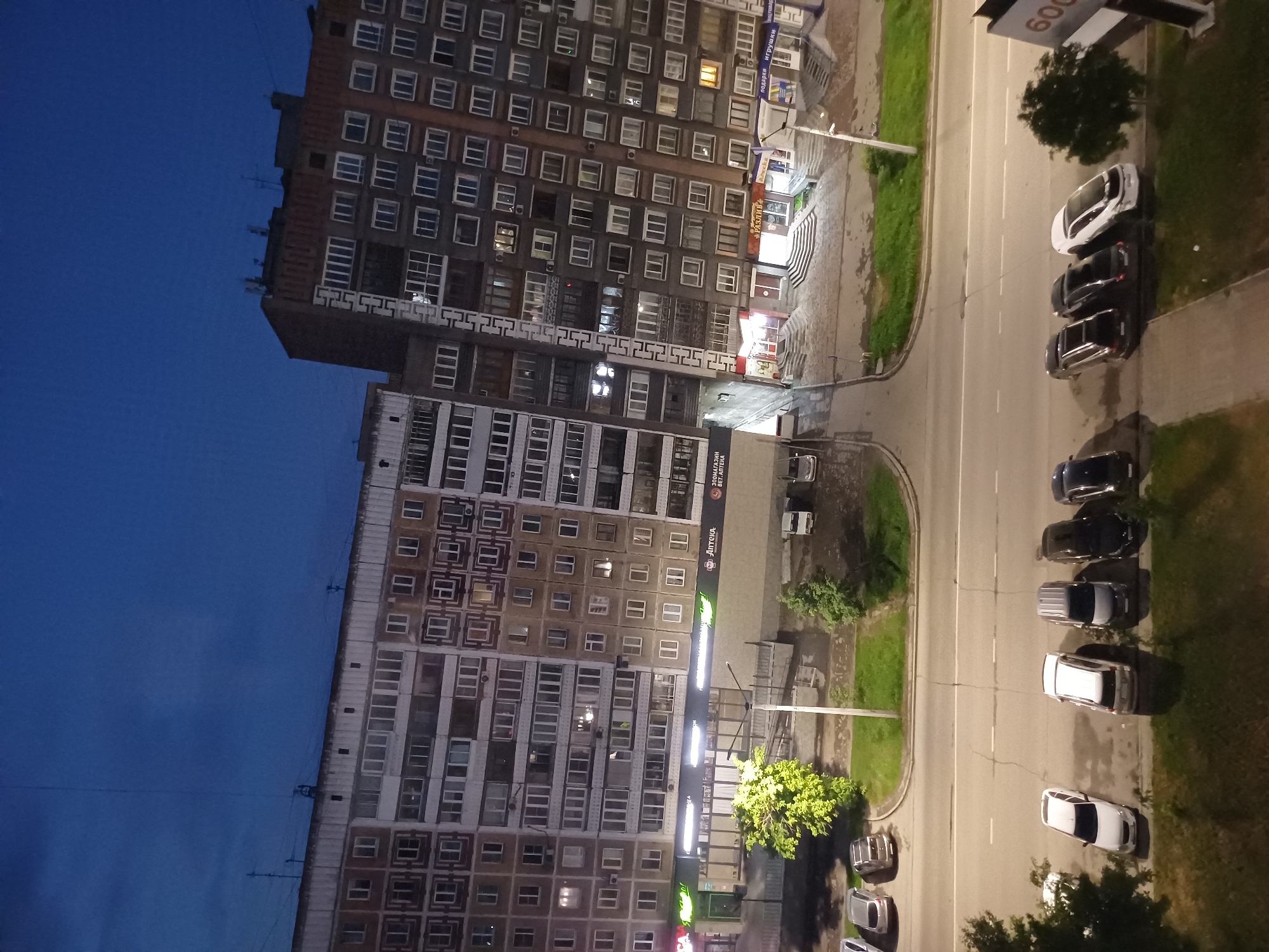 The image captures a nighttime aerial view of a street in an urban setting, likely an apartment complex area. Two multi-story apartment buildings dominate the scene, with one appearing older and more weathered than the other. The buildings have numerous windows, some of which are lit, suggesting occupancy. Below the apartment buildings, storefronts with illuminated signs are visible, including "Аптека" (Pharmacy) and "ЗООМАГАЗИН" (Pet Store).
In front of the apartment buildings, a street is lined with parked cars. Further down the street, there are more cars parked alongside the road. The street itself appears to be asphalt with painted lane markings. Green spaces, including trees and grass, are interspersed with the buildings and street. The sky above is dark blue, indicating it is nighttime. There are no visible people in the image.