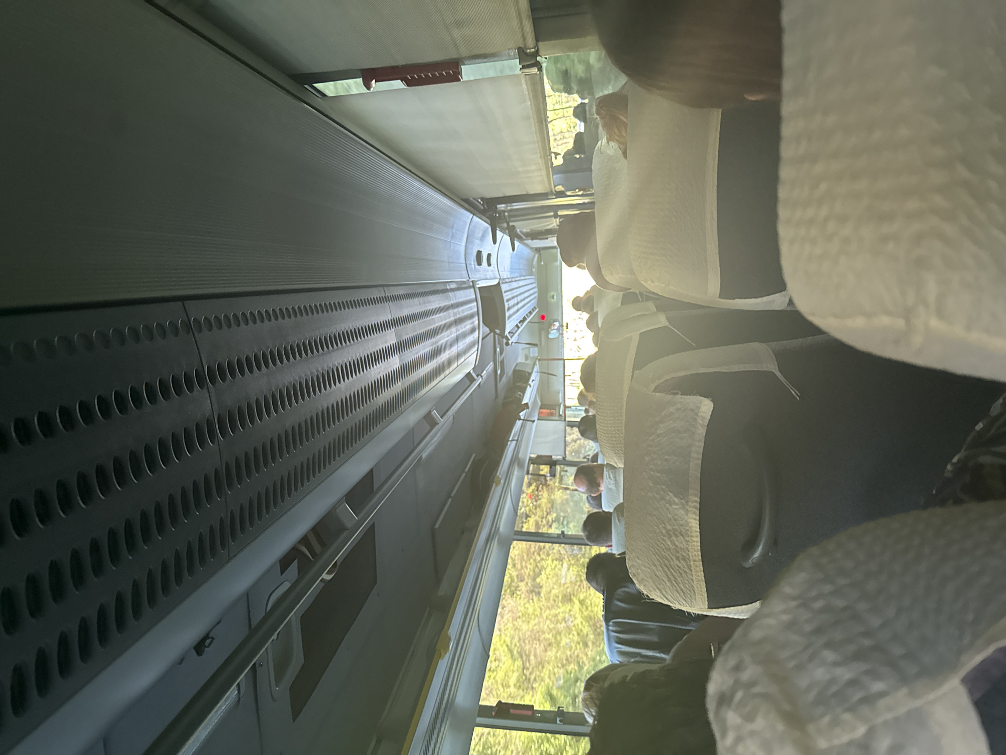 The image shows the interior of a bus or train, with rows of seats visible, occupied by passengers. The seats are covered with white headrests. Windows are visible on one side, revealing a view of foliage and greenery outside, likely indicating a rural or suburban environment. The interior of the vehicle appears to be well-lit, possibly due to sunlight streaming in through the windows. Based on the provided location of Zlatna Panega, Bulgaria, the image potentially depicts a bus or train traveling through or within the vicinity of Zlatna Panega.