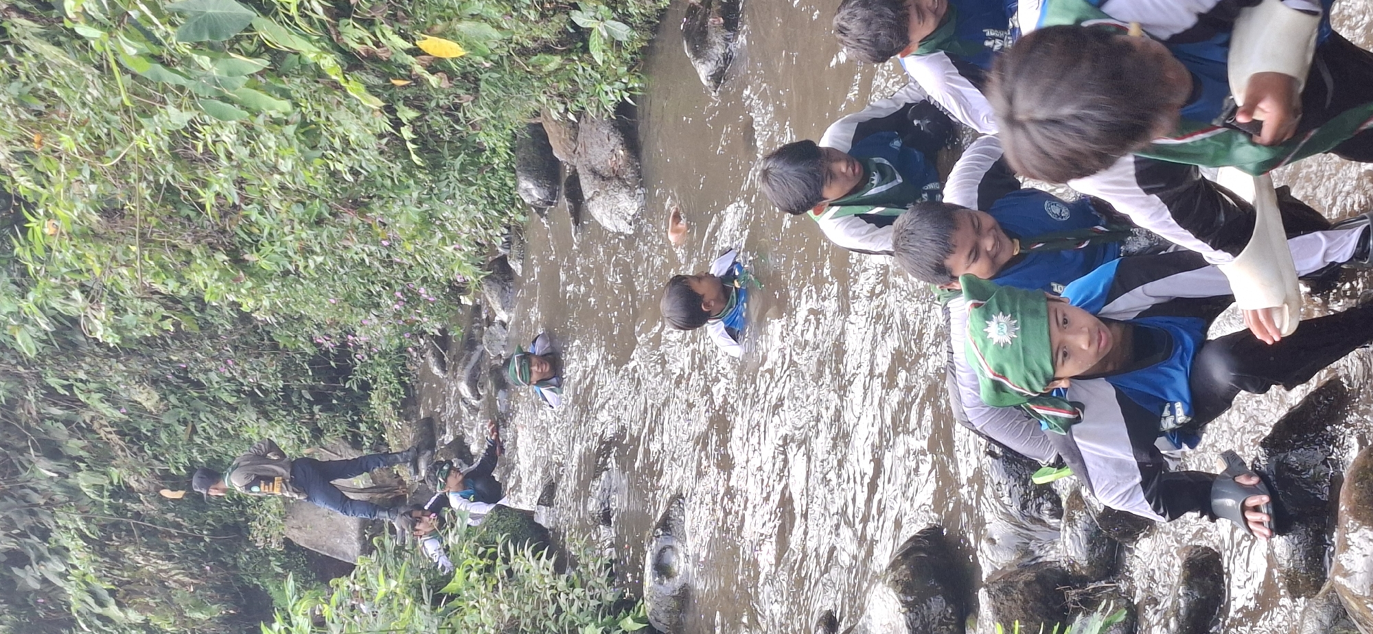 A group of young scouts, dressed in blue and white scout uniforms with green scarves, are navigating a shallow, rocky stream. The water is murky and appears to be flowing. Some scouts are walking, while others are partially submerged, with their heads and shoulders visible above the water. They are surrounded by lush green vegetation and trees on either side of the stream, suggesting a natural, outdoor environment. One scout in the foreground is wearing a green bandana-like head covering with a badge. Another scout in the background, wearing a dark cap and uniform, appears to be supervising. The scene is likely part of an outdoor scouting activity or camp, possibly in the Puntukrejo area of Indonesia, known for its natural landscapes.
