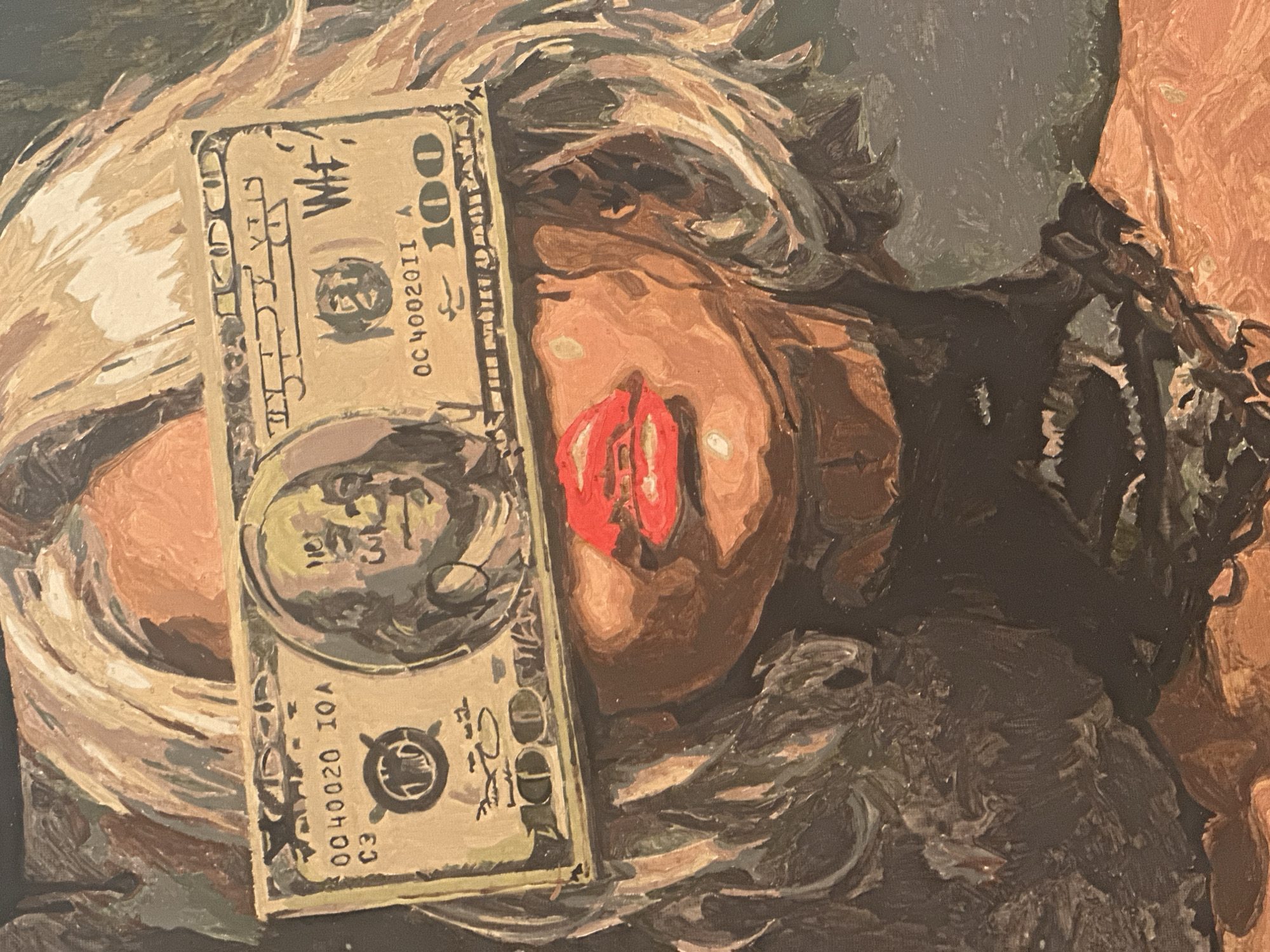 The image shows a painted depiction of a face, with a hundred dollar bill placed over part of it. The face appears to be of a person with light skin and dark hair, with red lipstick on the lips. The hundred dollar bill is visible, displaying the portrait of Benjamin Franklin. The style of the image suggests a work of art, possibly a painting. It is not possible to determine the location in the city of Высокий, Russia, from this image.