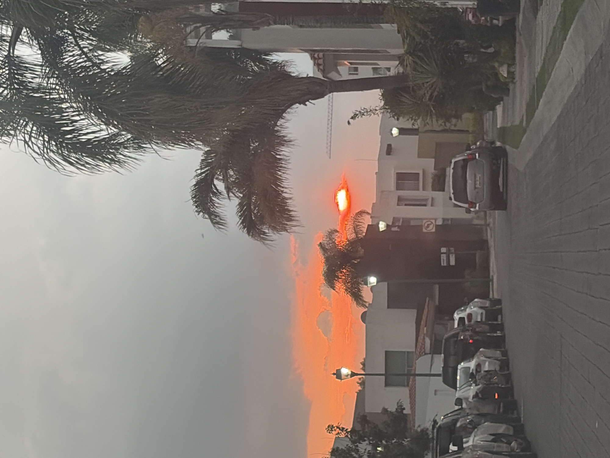 The image shows a street in an urban area at sunset. The sky is a mix of gray and orange, with the sun visible near the horizon. There are palm trees lining the street, and buildings are visible on both sides. Cars are parked along the street. A construction crane is present in the distance.