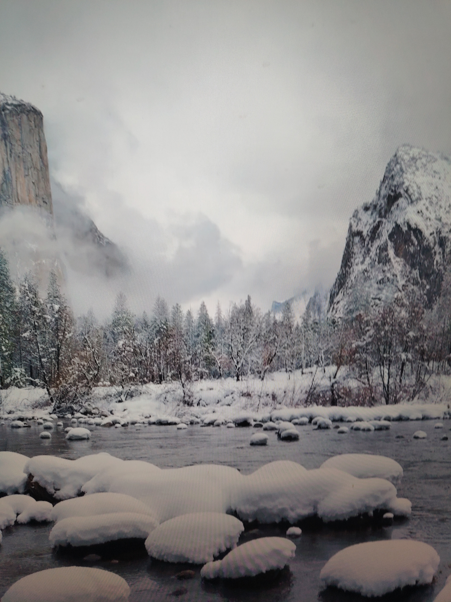 The image depicts a winter landscape. In the foreground is a river with rocks covered in snow. Behind the river are snow-covered trees. In the background are snow-covered mountains. The sky is overcast. The location is Yosemite National Park, California.