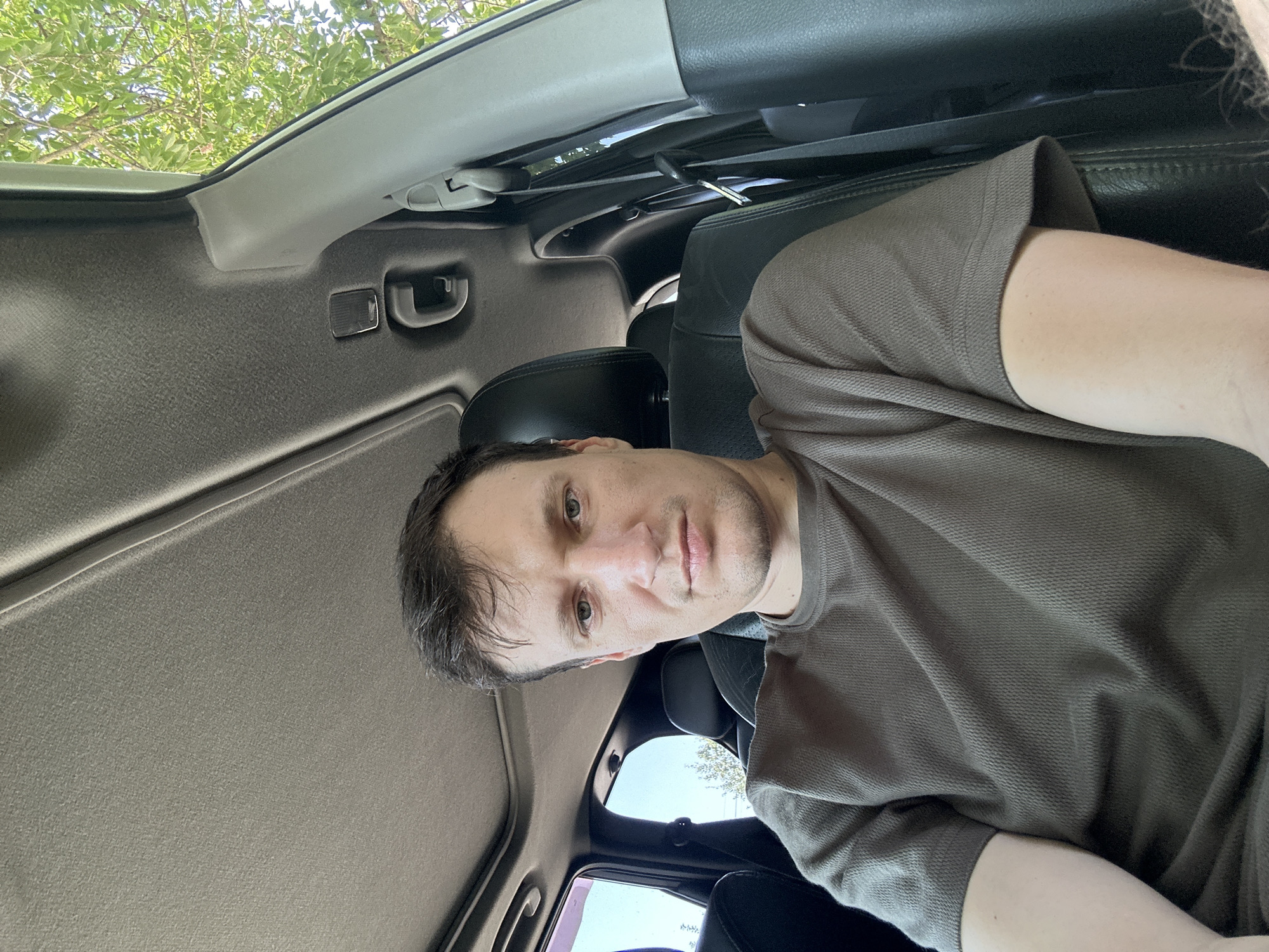 A man sits in the driver's seat of a vehicle, looking at the camera. He is wearing a short-sleeved, taupe t-shirt with a textured pattern. His hair is dark and short. The interior of the car is visible, including the ceiling, a sunroof, and the back of a headrest. Outside the car, green foliage is visible through the windows. The image appears to have been taken outdoors, likely in a park or wooded area. The lighting suggests it is daytime.