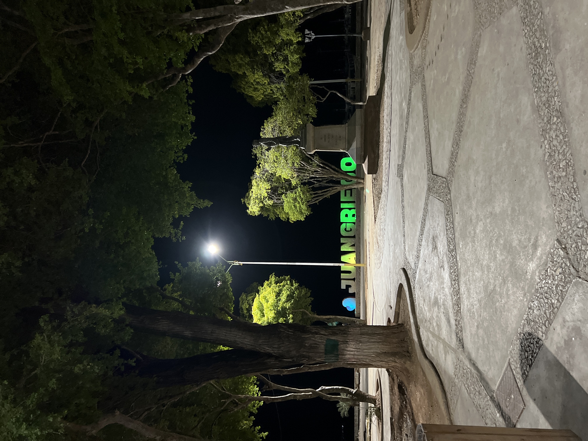This is a nighttime, eye-level, medium shot of a town square in Juan Griego, Venezuela, featuring a large, illuminated sign that reads "JUANGRIEGO" in bright green letters with a glowing blue heart to the left of the text. To the right of the sign is a stone pedestal topped with a statue of a man, likely a historical figure. The square has a patterned concrete ground with inlaid pebble sections. Large trees with green foliage surround the square, their leaves illuminated by a streetlamp visible on the right side of the image. The background is dark, suggesting it's late at night. No people are visible in the scene.
