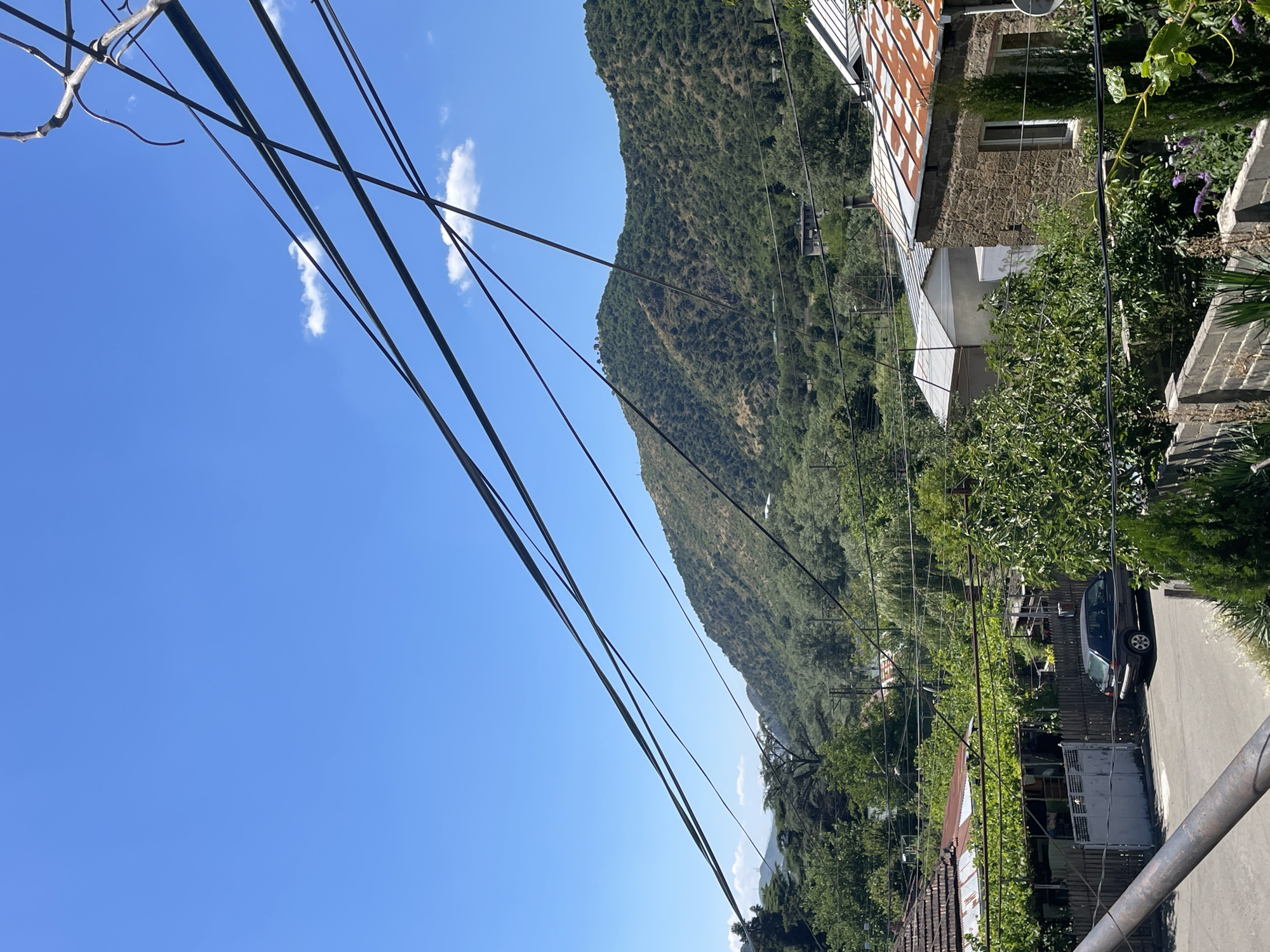 The image captures a bright, sunny day in Mtskheta, Georgia. The foreground is dominated by a jumble of electrical wires crisscrossing the frame, obscuring a clear view of the scene below. Beyond the wires, a residential area is visible, characterized by houses with tiled roofs, some of which appear weathered and aged. Lush green trees and vegetation are abundant, suggesting a warm climate and well-established gardens. A dark-colored car is parked on a paved area. In the background, rolling green hills, covered in dense foliage, rise up, forming a natural backdrop to the human settlement. The sky is a clear, vibrant blue, with only a few wispy clouds scattered across it. The overall impression is one of a quiet, somewhat rural, or suburban setting within the historic city of Mtskheta.