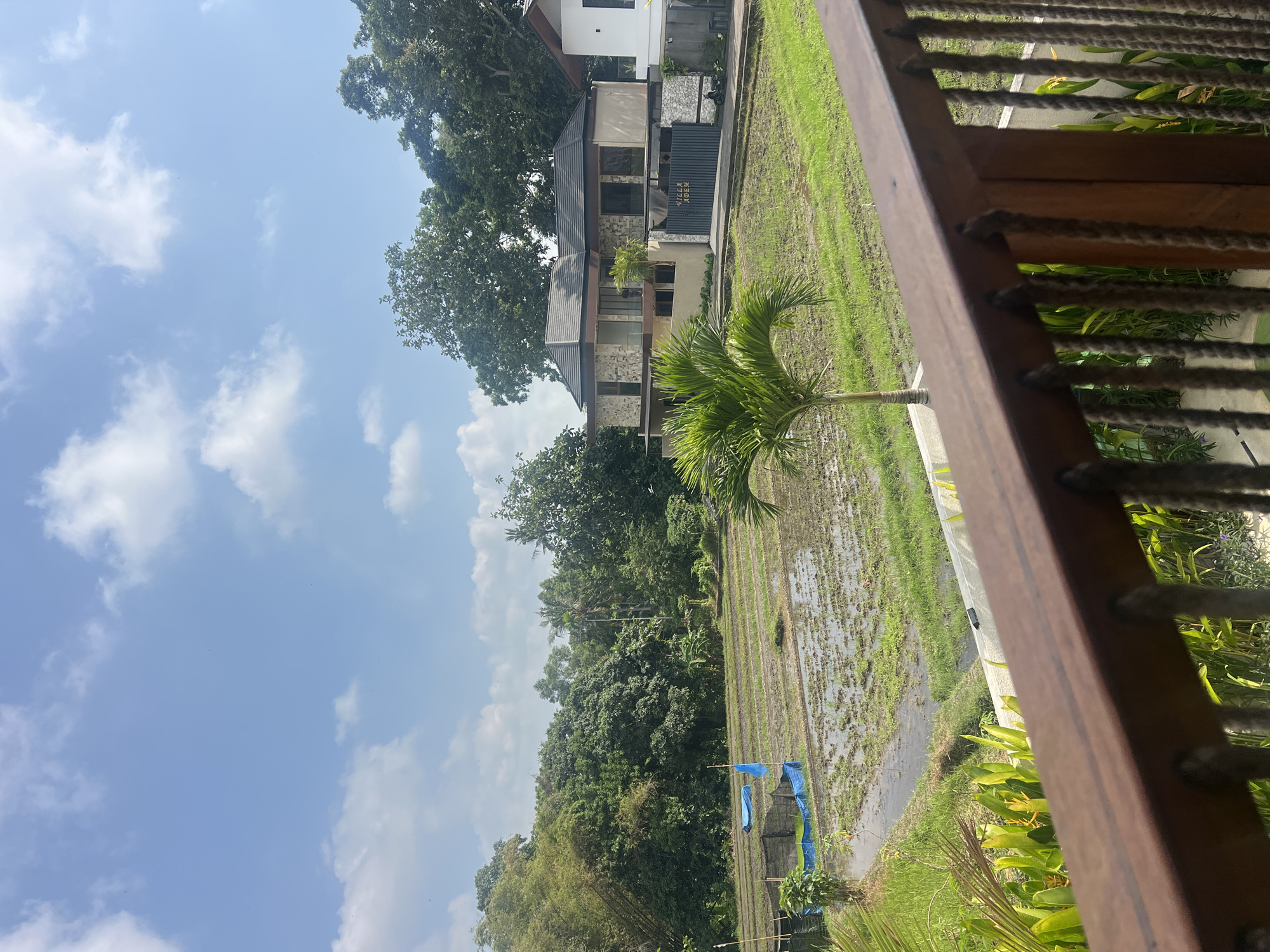 The image captures a tranquil scene at a villa in Kediri, Indonesia, overlooking flooded rice paddies. A modern villa with stone accents and a dark roof stands to the right of the frame, its facade partially obscured by lush green trees. In front of the villa, a dark metal gate displays the name "VILLA ADEM." A single palm tree stands in the middle ground, adding a tropical element. The rice paddies, partially submerged in water, stretch across the landscape, with rows of young green plants visible. Blue tarpaulins are set up in one section of the paddies, possibly for cultivation or protection. The foreground features a wooden railing with rope accents, suggesting a balcony or veranda. The sky is a clear blue with scattered white clouds, indicating a sunny day. The surrounding environment is rich with greenery, including bamboo stalks and other dense foliage, characteristic of the Indonesian countryside.