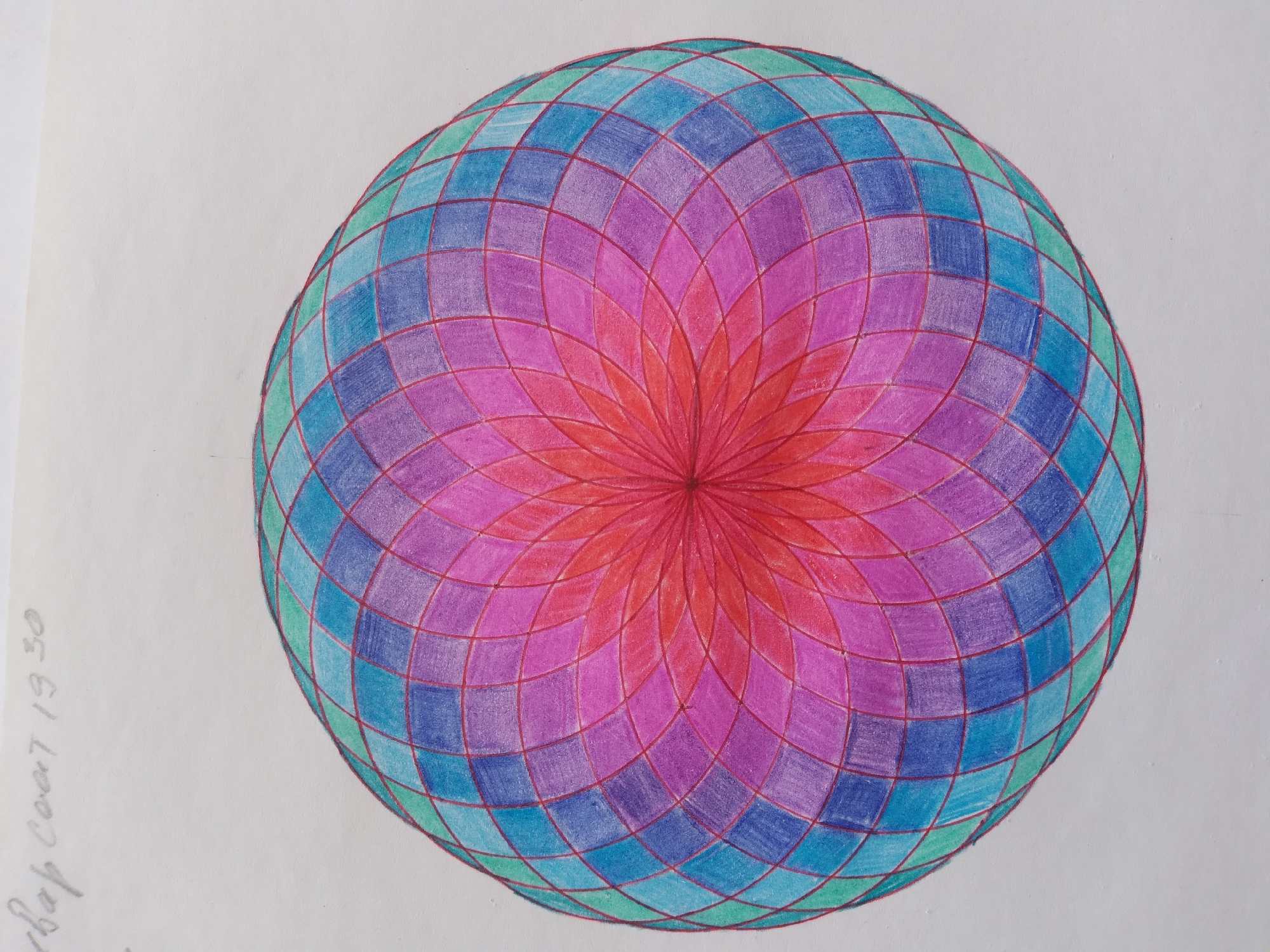 The image shows a colored pencil drawing of a geometric, mandala-like design on a white background. The design is circular and features a radiating pattern of petals or segments in shades of red, pink, purple, blue, and green. The segments are further divided by a grid of darker lines. In the upper left corner of the image, faint, handwritten text in grey appears to read "VAR COAT 1930". There is no discernible connection to Baki, Uzbekistan in this image.