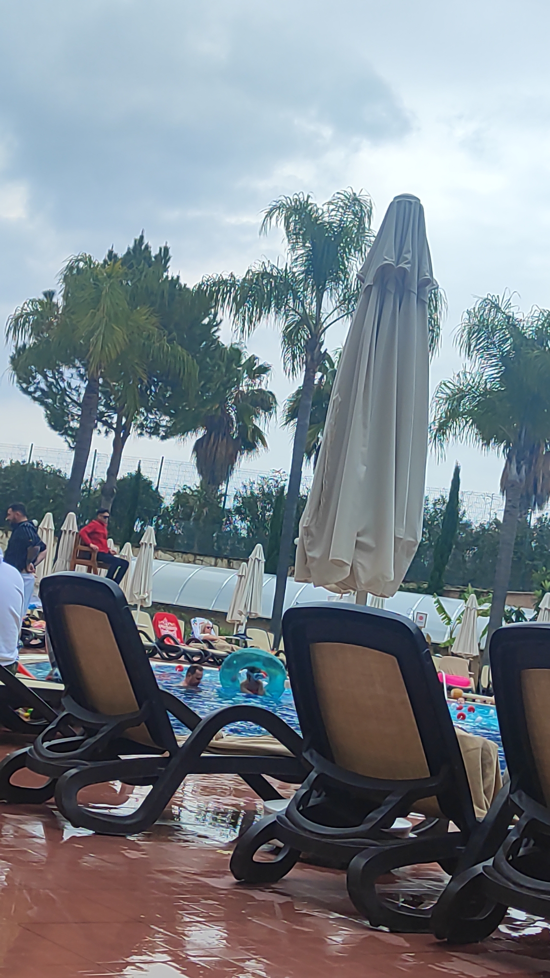 This image depicts an outdoor swimming pool area at a leisure establishment in Alanya, Turkey, under an overcast sky. The foreground shows a wet, reddish-brown tiled deck. Three dark-framed sun loungers with beige fabric are prominently positioned, viewed from the rear, facing the pool.
The midground features a blue-tiled swimming pool. An adult male is partially submerged on the left. A person, likely a child, occupies a blue inflatable ring in the central-right portion of the pool. Additional indistinct figures are visible further right in the water. Around the pool, a person is reclined on a red and white sun lounger, and another on a beige lounger. A large, closed, light-colored outdoor umbrella stands centrally on the right side of the frame. Behind the immediate poolside, multiple folded white outdoor umbrellas are arranged. Low, white, arched structures, resembling enclosures, are visible further back.
In the background, a dark-haired male wearing a dark shirt and light pants stands to the left. A male in a red long-sleeved shirt and dark pants is seated on a tall, wooden high chair to the left of center. The distant background features numerous palm trees, other green trees, and a fence-like structure. No direct interactions between discernible individuals are evident.