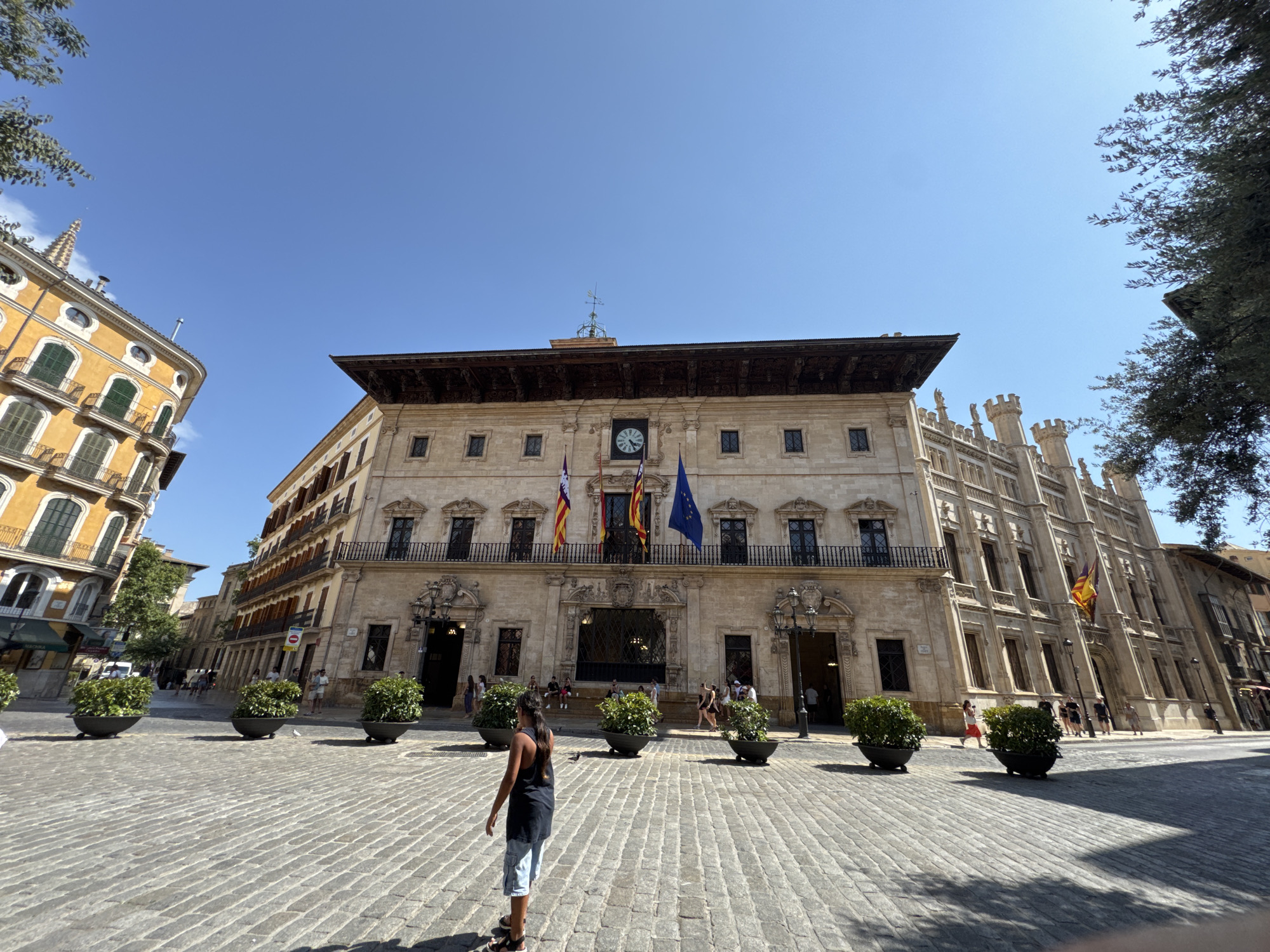 The image captures a wide-angle view of the Plaça de Cort in Palma de Mallorca, Spain, under a clear blue sky. The foreground features a cobblestone plaza with several large, dark planters containing lush green bushes. A woman with long dark hair, wearing a black tank top and light blue shorts, is walking away from the camera towards the center of the plaza.
Dominating the background is the Palau de l'Ajuntament de Palma (Palma City Hall), a grand sandstone building with a central clock and adorned with flags. To the left, a bright yellow building with green shutters and balconies partially frames the scene. The architecture is characteristic of the historic city center, with intricate details on the buildings and a sense of old-world charm. Several other people are visible in the background, walking on the plaza and in front of the buildings, suggesting a busy public space. Trees with green foliage are present on the left and right edges of the frame, adding a touch of nature to the urban setting. Sunlight casts sharp shadows across the plaza, indicating a bright, sunny day.