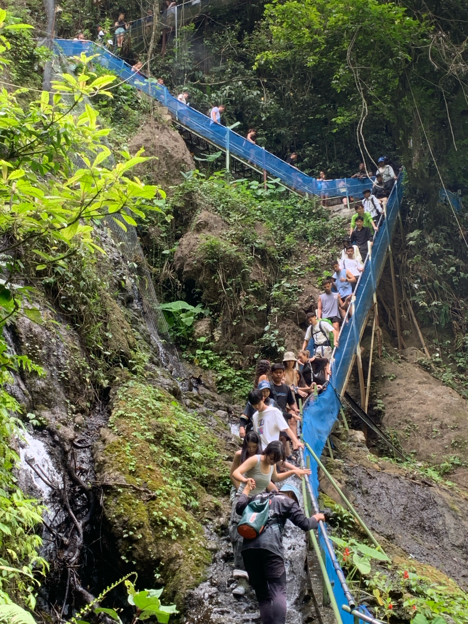 A group of approximately 20 individuals, a mix of men and women, are navigating a steep, narrow, outdoor staircase with blue railings. The staircase is built into a lush, green, rocky hillside, with a small waterfall visible to the left of the stairs, cascading down the rocks. The vegetation is dense, with trees and various green plants covering the surrounding area. Some individuals are wearing casual clothing, while others have backpacks, suggesting a hike or excursion. The people are moving in both directions on the stairs, with some ascending and others descending. The overall scene appears to be a natural tourist attraction in Sidomulyo, Indonesia.