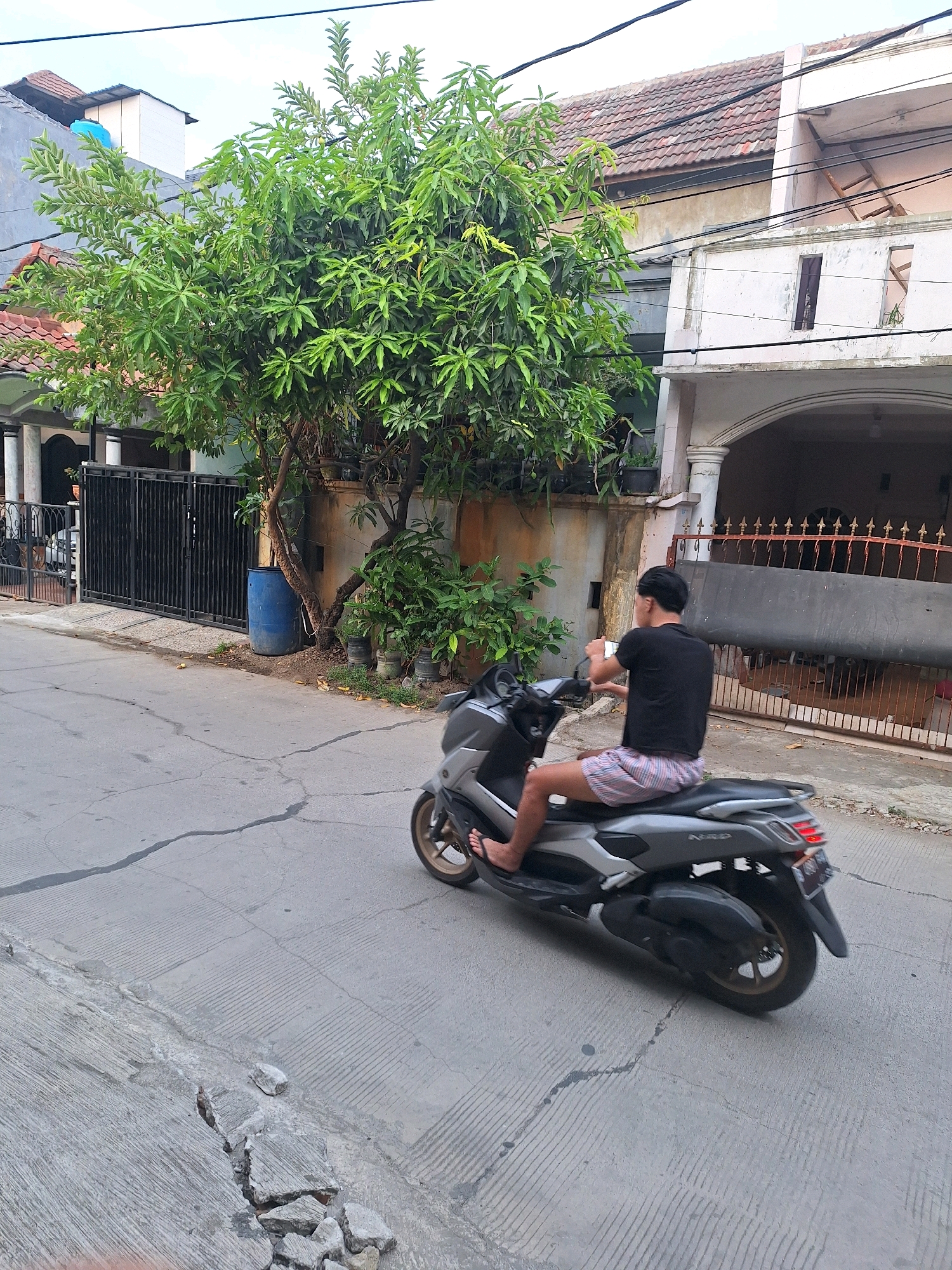 A person rides a gray scooter down a cracked asphalt road in Setiamulya, Indonesia. The scooter rider is wearing a black t-shirt and plaid shorts. The scooter has a black seat and silver body with gold-colored wheels. A large green tree with dense foliage is on the left side of the road, next to a black metal gate. Behind the gate, a house with a red tile roof and white walls is visible. In the background, another house with a white archway and a decorative metal fence can be seen. The sky is overcast.