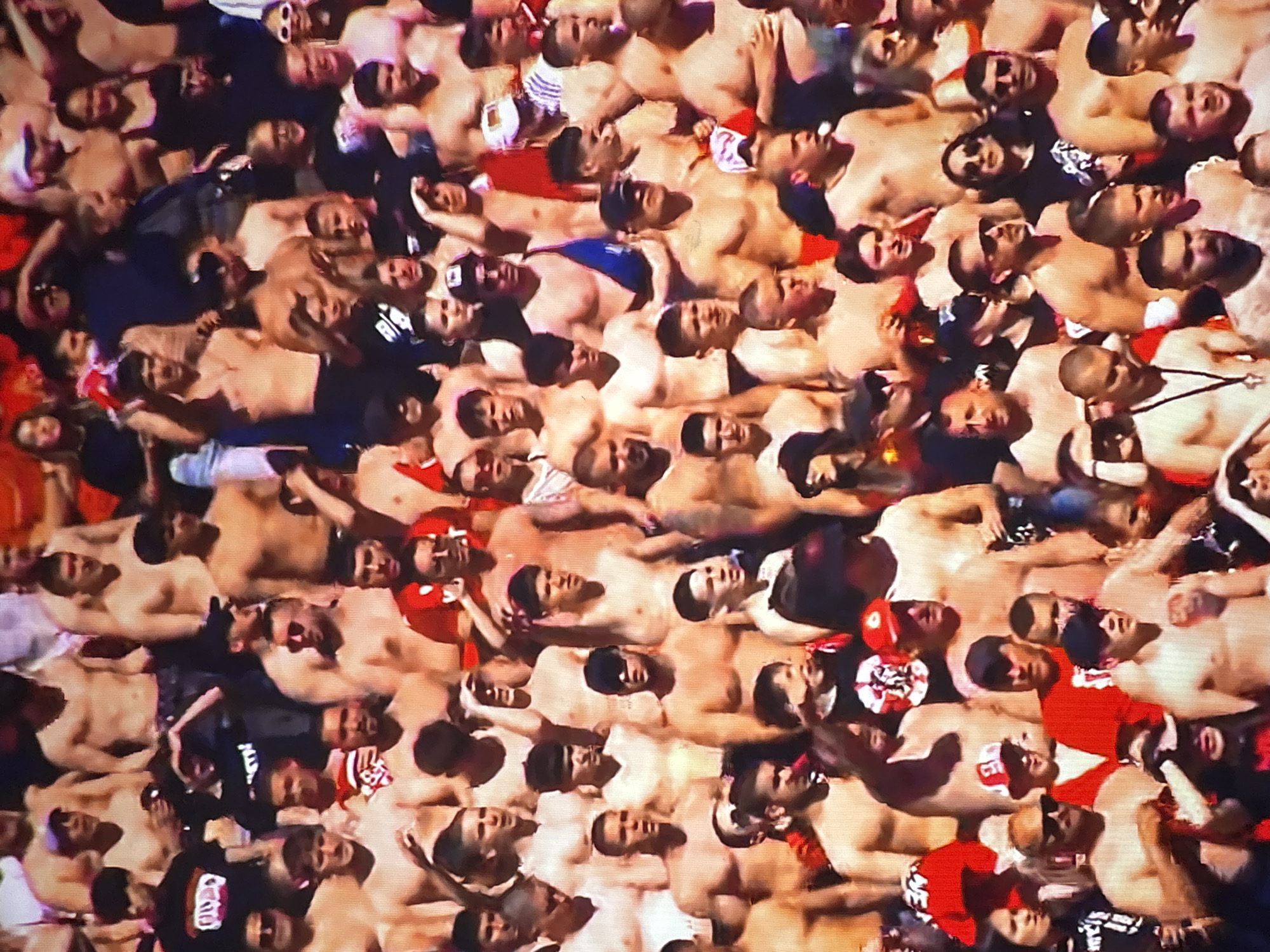 The image shows a large crowd of shirtless men, mostly facing upwards. Many are wearing red hats or scarves. Some are wearing sunglasses, necklaces, or have tattoos. A few are wearing black clothing. The location appears to be a crowded outdoor event. While there is no direct evidence of the location, the crowd's attire suggests a sports event or festival. It cannot be confirmed that this picture takes place in Sofia, Bulgaria without additional information.