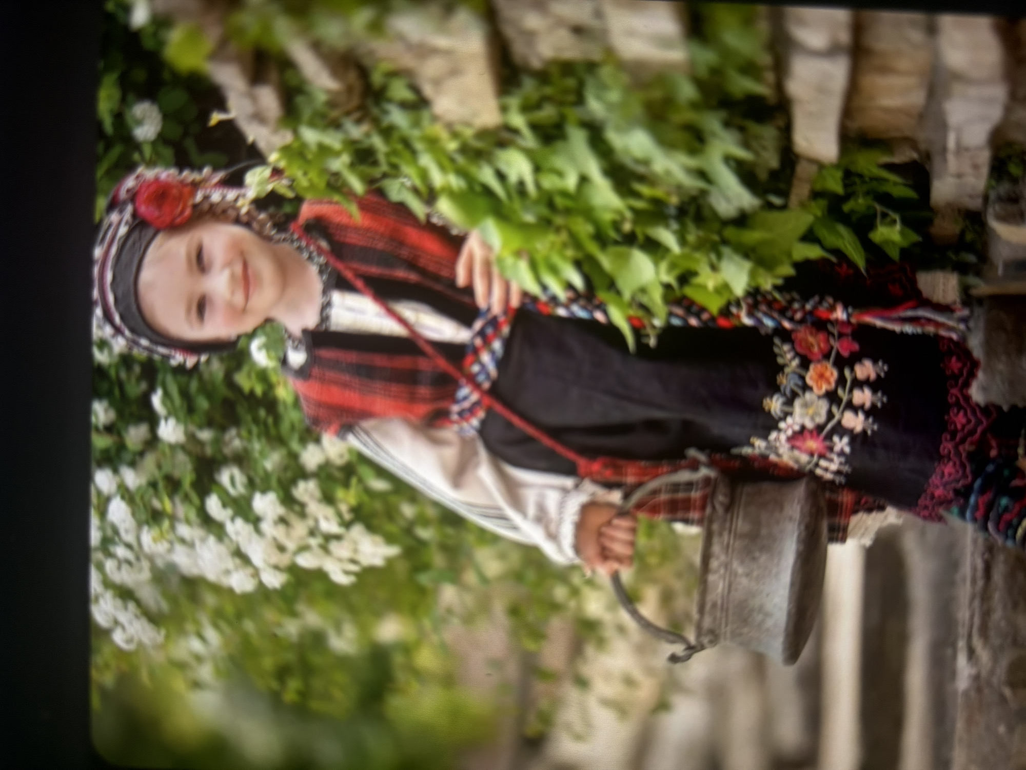 A young girl, approximately 5-8 years old, stands outdoors in Shumen, Bulgaria, holding an aged, dark metallic bucket with a wire handle in her left hand. She is smiling directly at the viewer. Her head is adorned with a black headpiece featuring intricate woven patterns in red, white, and black, and a prominent red floral ornament on the right side. She wears a white, long-sleeved blouse beneath a dark vest or dress. A red and black striped, woven garment, possibly an apron or shawl, is draped over her shoulders and tied at the waist with a multi-colored belt. The lower section of her dark skirt or lower apron displays elaborate, multi-colored floral embroidery in red, orange, yellow, white, and blue. Patterned stockings or leggings with red, blue, and white stripes are visible on her legs. The background consists of softly blurred lush green foliage punctuated by numerous white blossoms. To the girl's right, a stone wall made of irregularly shaped, light-colored stones is partially covered with vibrant green ivy. Rustic stone steps or ground elements are visible in the lower left portion of the frame. The scene is illuminated by soft, natural daylight.