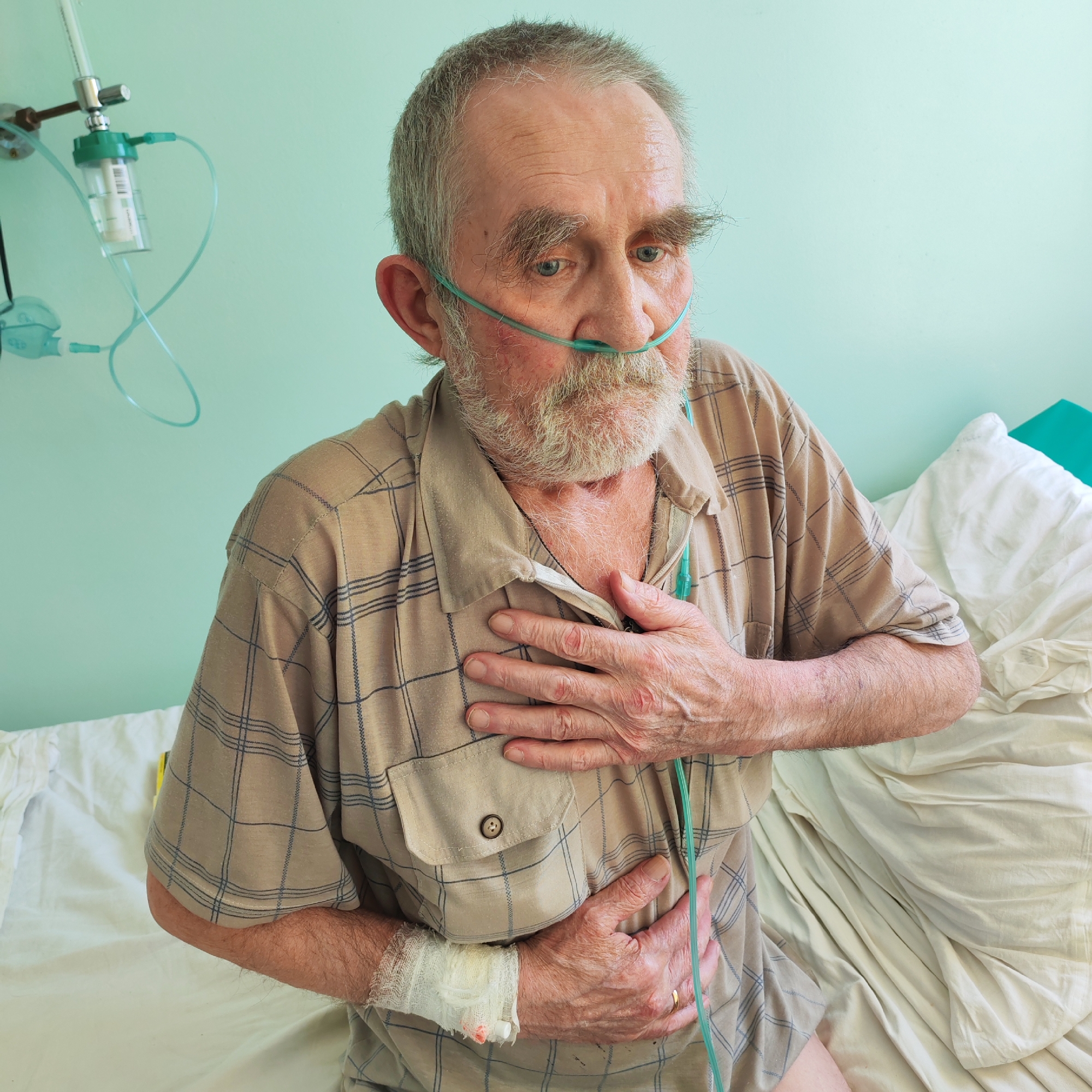 An elderly man is sitting in a hospital bed, seemingly in distress. He has a nasal cannula in place. He is wearing a plaid shirt and has a bandage on his left wrist. His hands are placed on his chest and abdomen. An oxygen humidifier is visible on a stand to the left of the frame, connected to the nasal cannula. The background consists of a light green wall and a bed with white linens. The location is possibly in a hospital in the city of Chaikovsky, Russia.