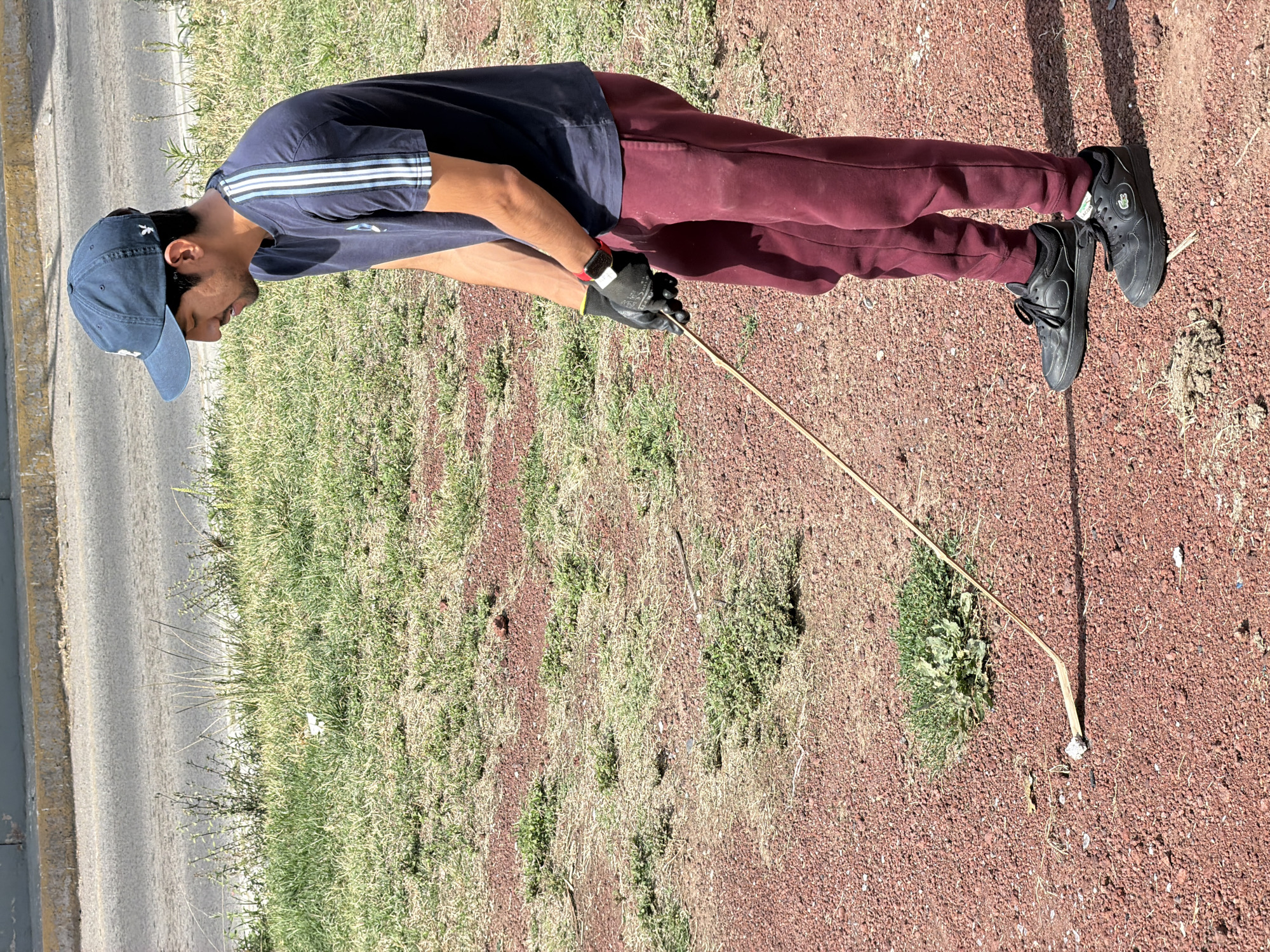 A person stands outdoors on a red dirt and sparse grass patch, near a road in what appears to be a residential area. The individual, dressed in a dark blue t-shirt with light blue stripes on the sleeves, maroon-colored sweatpants, and black sneakers, wears a dark blue baseball cap and gloves. They hold a long, thin stick, possibly bamboo, and appear to be manipulating or poking at something near the ground with it. The location is San Andrés Cholula, Mexico.