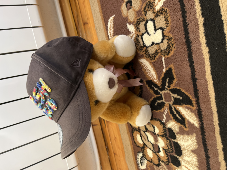 In the city of Sheynovo, Bulgaria, a brown-furred teddy bear sits upright on a patterned rug. The teddy bear features black bead eyes, a brown stitched nose on a white muzzle, and white paws. A light brown ribbon is tied around its neck, forming a bow. A dark brown baseball cap is placed on the teddy bear's head, with its brim covering the bear's eyes. The cap displays "THIS WAY" in multicolored, textured embroidery on the front, and a "New Era" logo is visible on its left side. A silver sticker is affixed to the underside of the cap's brim. The teddy bear rests on a brown, beige, and black patterned rug, which features stylized floral motifs. Behind the teddy bear, a section of light brown wooden flooring is visible, followed by a white, ribbed radiator.