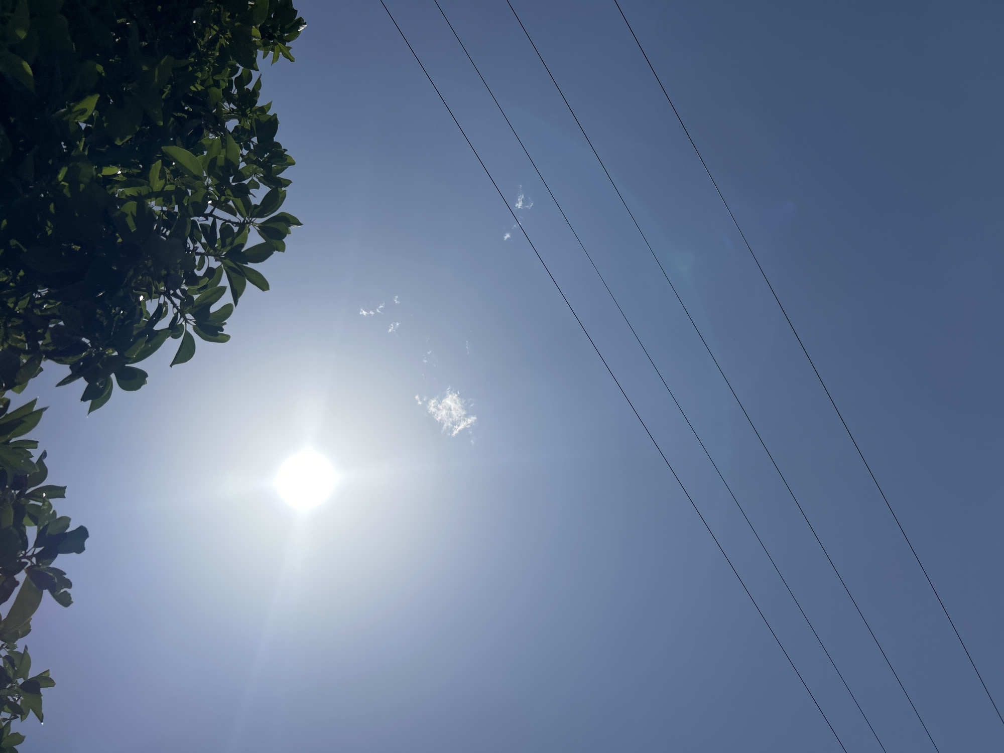 The image shows a view looking upwards towards a bright, blue sky with the sun visible through a tree's foliage in the upper left corner. Electrical power lines are diagonally crossing the frame from the upper right. A small, scattered cloud is situated near the sun. The location is inferred to be in Jos, Nigeria based on the prompt. No people are visible.
