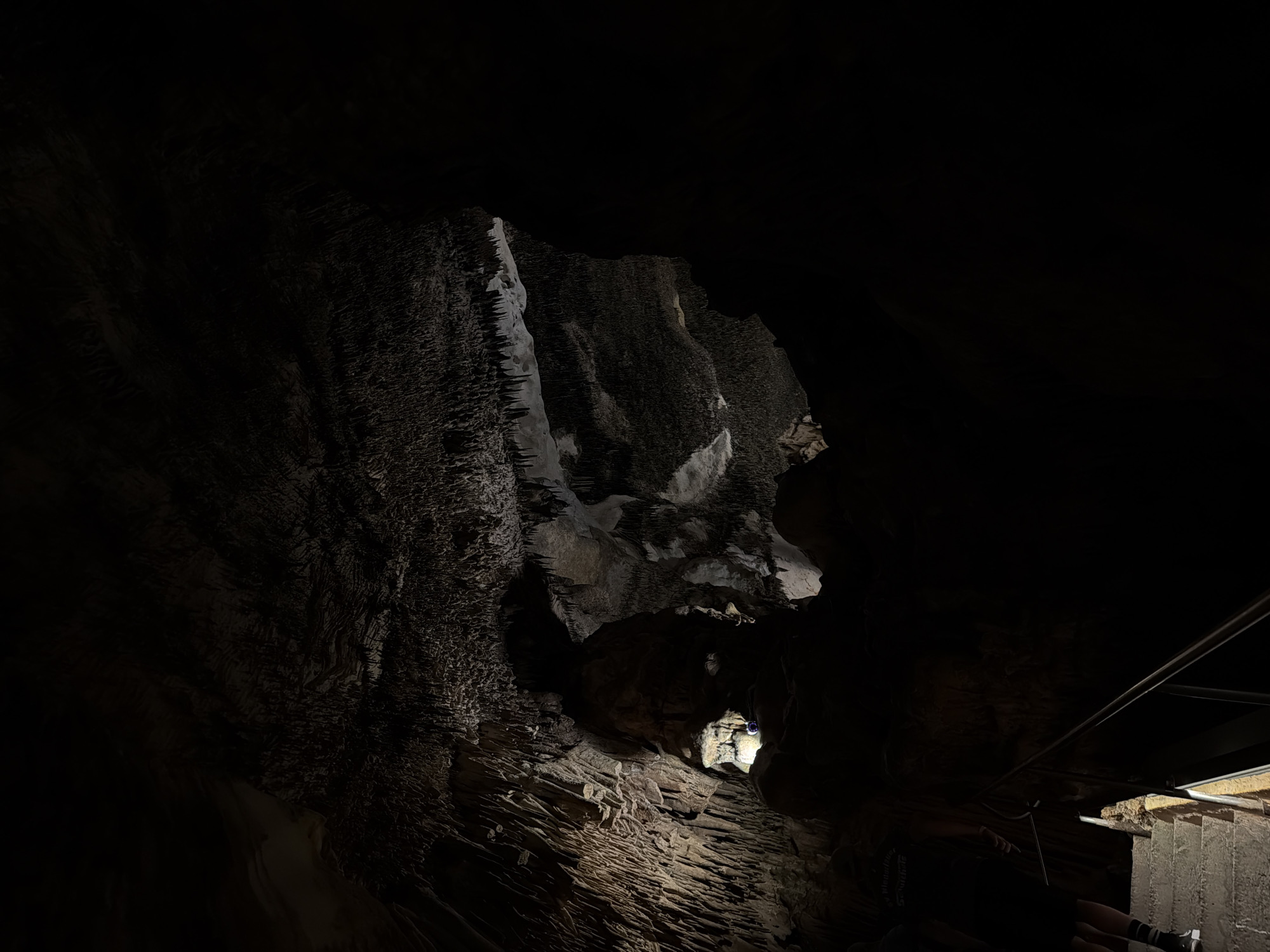 The image shows the interior of the Coves del Drach (Caves of Drach) in Manacor, Spain. A dark, rocky cave interior is illuminated by a spotlight that shines upon a single, dimly lit figure wearing a blue top. The cave walls exhibit rough, textured surfaces. In the lower right corner, a glimpse of steps and metal railings suggests a guided tour route. The environment is dark, damp, and appears to be a popular tourist attraction.