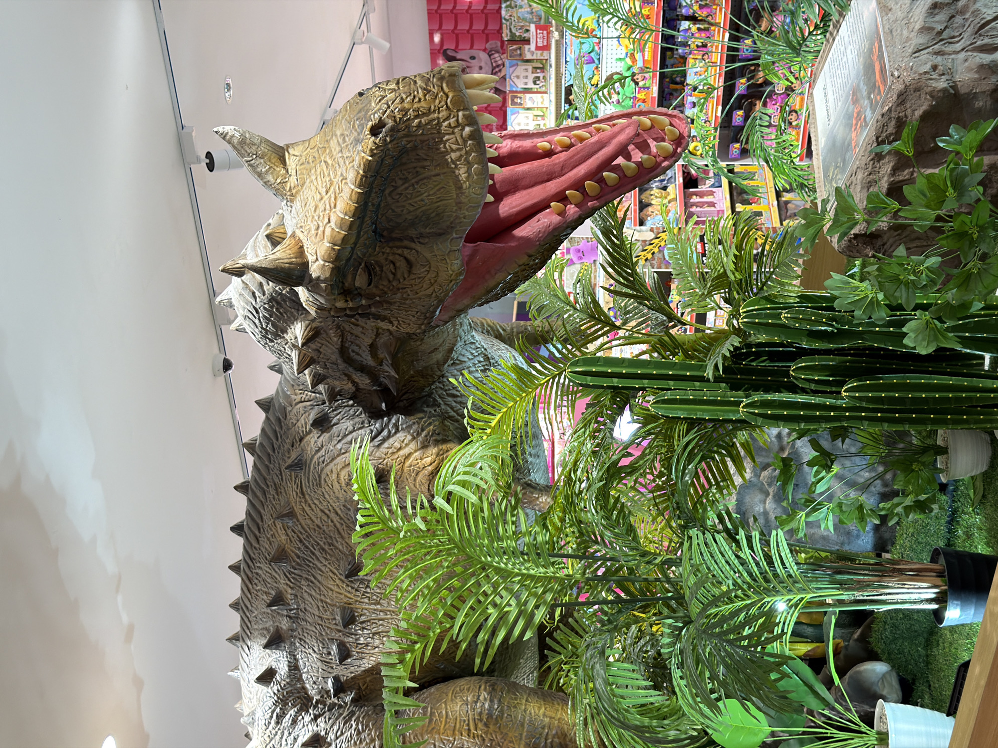 The image depicts a large, animatronic dinosaur with its mouth open, seemingly mid-roar. The dinosaur's skin is textured with scales and spikes, suggesting a fictional or exaggerated species. Its teeth are visible, and the inside of its mouth is painted pink. The dinosaur is surrounded by artificial plants, including ferns and cacti, creating a faux jungle environment. In the background, shelves stocked with various toys and products are visible, indicating that the scene is located inside a retail store. This likely takes place in Kuta, Indonesia, as the location was specified. The store's layout suggests a commercial setting, possibly a toy store or entertainment venue with a dinosaur theme. The lighting is bright and even, typical of an indoor retail space.