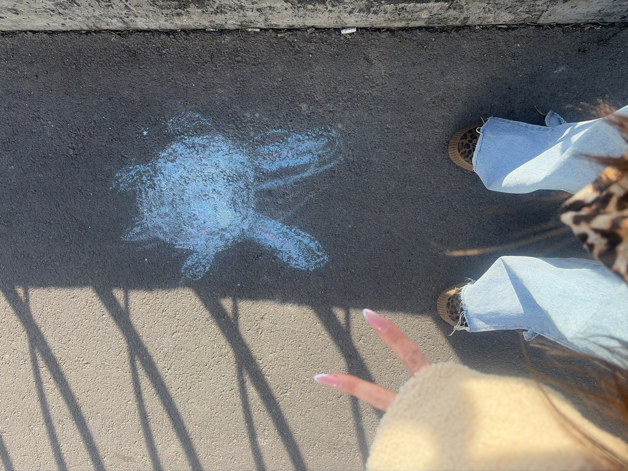 The image captures a first-person, downward view of a paved outdoor area, likely in Saint Petersburg, Russia. The scene depicts the lower body and left hand of an individual standing on dark gray asphalt. The person is wearing light blue, wide-leg denim jeans with frayed hems, and brown/tan shoes featuring a black leopard print pattern. The left hand, positioned in the upper left quadrant, displays a "V" or peace sign with two fingers extended. The nails are long, rounded, and have white tips, indicative of a French manicure. A light-colored, possibly cream-colored, fuzzy sleeve or garment cuff is visible on the arm.
On the asphalt, directly in front of and beneath the person, is a smudged light blue chalk drawing of a four-legged, somewhat abstract creature, possibly a turtle. Strong sunlight illuminates the scene from the left, casting prominent parallel shadows, consistent with a fence or railing, across the asphalt. A partial shadow of the person taking the photograph is also visible, falling across the chalk drawing. A concrete curb runs vertically along the right edge of the frame, with minor debris, including what appears to be a cigarette butt, accumulated at its base. The specific architectural or street features required to pinpoint an exact location within Saint Petersburg are not present in the image.