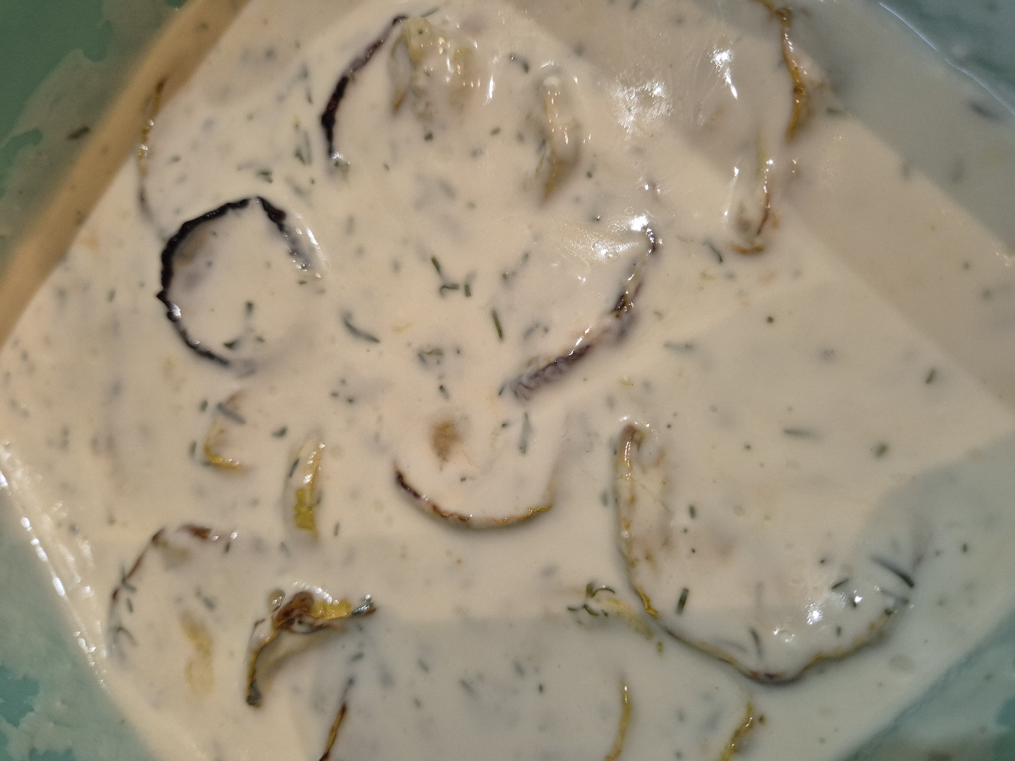 A close-up, overhead shot shows slices of cooked eggplant submerged in a creamy white sauce in a teal ceramic dish. The eggplant slices, some appearing dark purple on the edges and others golden brown, are arranged in a somewhat overlapping pattern within the dish. Small green flecks, likely herbs such as dill or parsley, are visible throughout the sauce, indicating it is seasoned. The lighting creates highlights and reflections on the glossy surface of the sauce. The image is taken in an indoor setting, and the dish appears to be resting on a surface, though the surface is not fully visible. The location is Unknown, Unknown.
