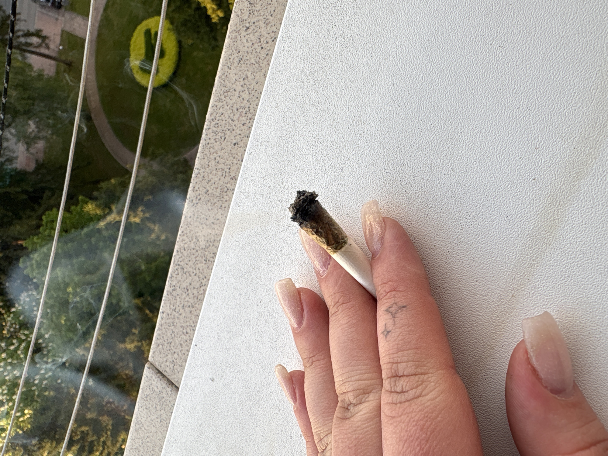 The image shows a hand holding a lit cigarette, presumably on a balcony overlooking a park. The location is likely Sofia, Bulgaria, due to the presence of a distinctive circular flower bed with a geometric design that resembles the logo of the "Sofia" restaurant. The hand is holding the cigarette between the index and middle fingers. The nails are manicured with a pale polish. A small tattoo is visible on the index finger. The background shows a green park landscape visible through a glass balcony railing.