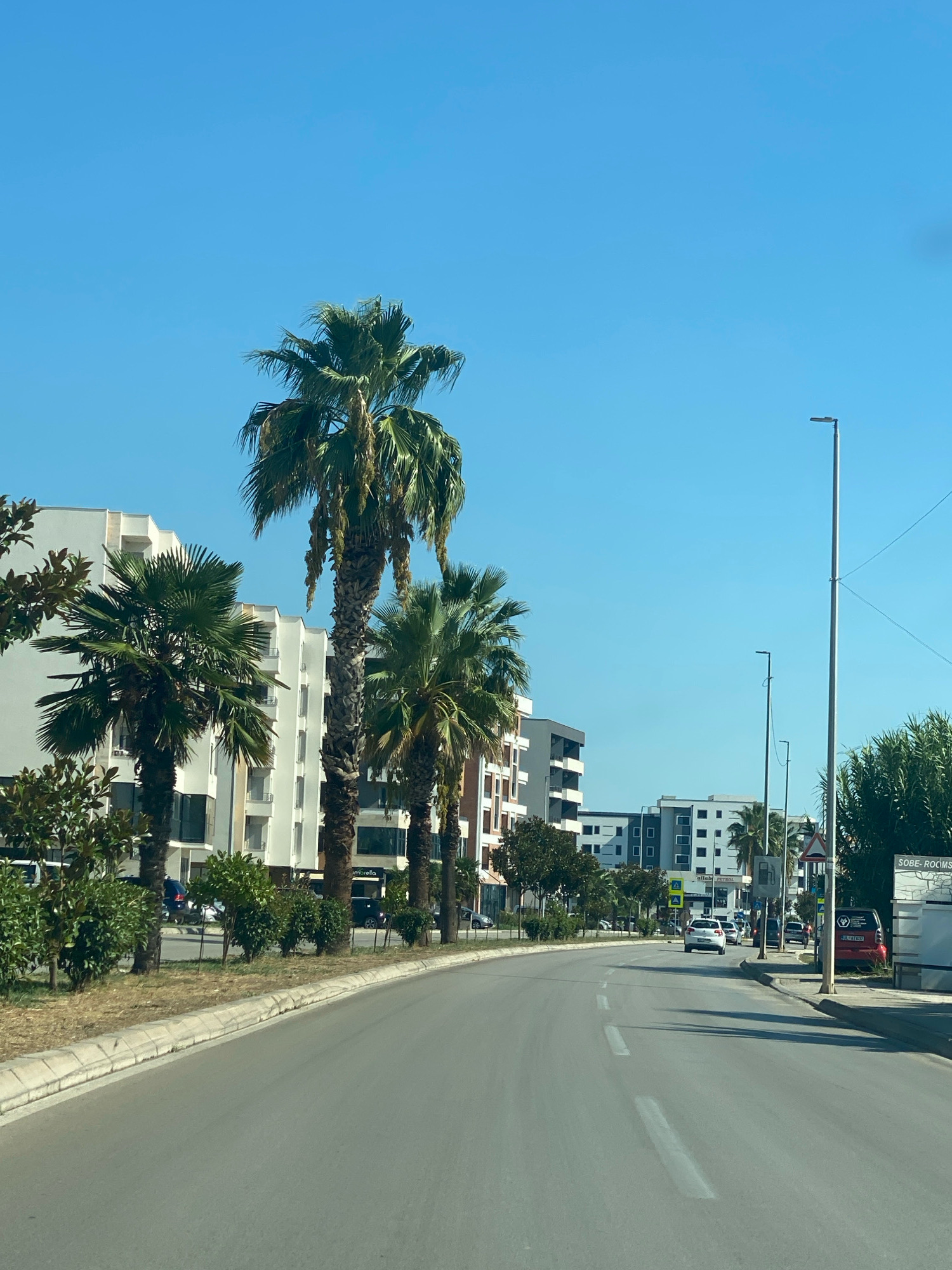 The image depicts a wide, paved road in Ulcinj, Montenegro, bordered by a sidewalk, grass, and several buildings. Tall palm trees line the street, with lush green foliage visible. Modern apartment buildings with white facades and dark windows are prominent on the left and in the background. On the right side of the road, there are streetlights, a red van, and signage. Traffic appears to be light, with a few cars on the road, including a white sedan and a dark-colored vehicle. The sky is clear and blue, indicating a sunny day. The scene conveys a sense of a developed urban area with a Mediterranean influence, suggested by the presence of palm trees and the architecture.