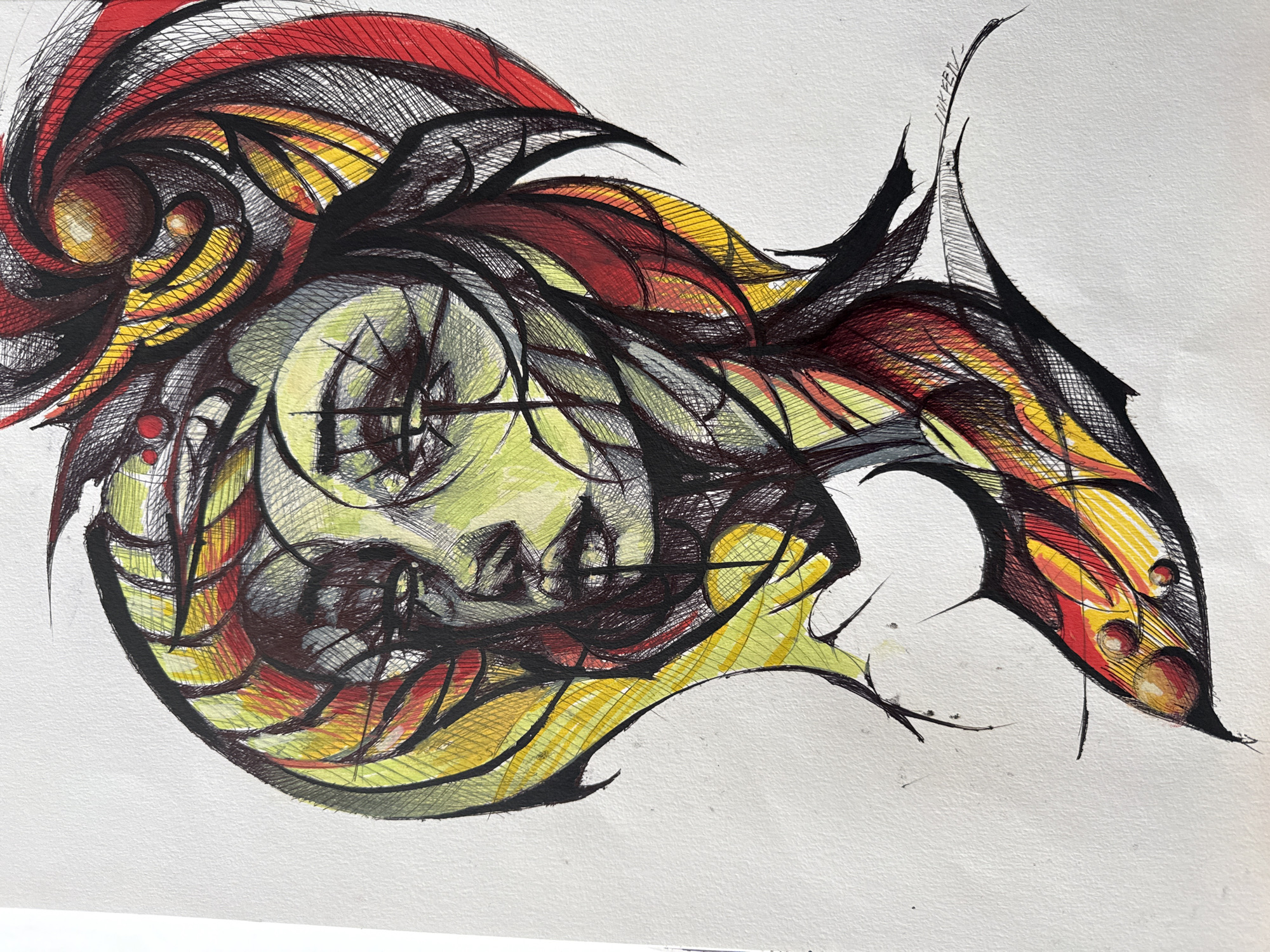 This image shows an abstract ink drawing on white paper. The drawing consists of swirling lines and shapes filled with cross-hatching. The colors are primarily red, yellow, black, and a muted green. The left side of the drawing features a spiral shape with a prominent round element. From the spiral, forms extend resembling flames, feathers, or leaves. The right side of the drawing tapers to a point with small circular elements within the shape. The style suggests an organic form, potentially an abstract representation of an animal or mythical creature. There is no information contained in the image or the provided context that indicates the image was taken in Sofia, Bulgaria. The image is of a drawing.