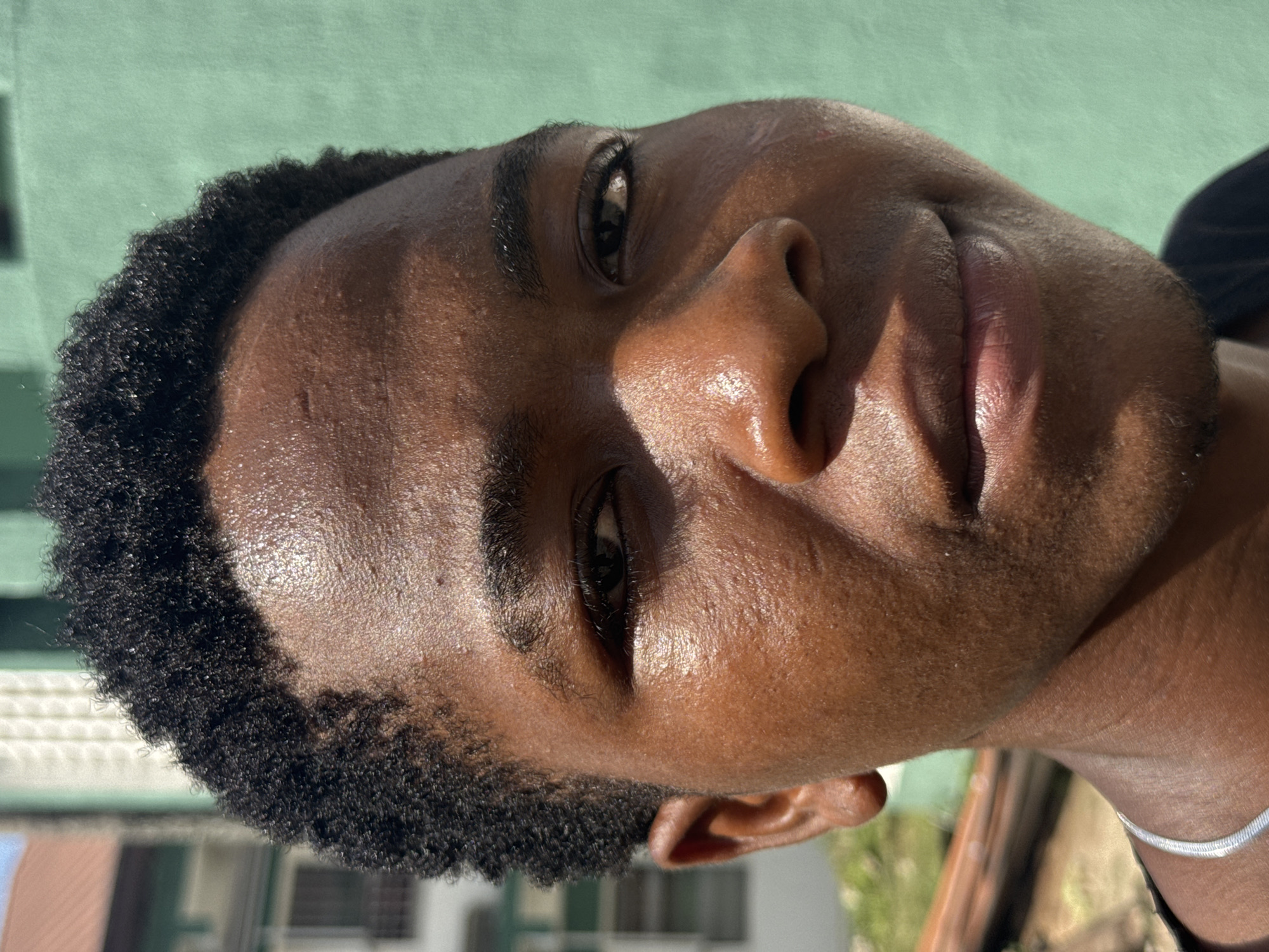 A close-up, sunlit portrait captures a young person with dark skin, facing the camera with a gentle, slight smile. The individual has short, tightly curled black hair and dark eyes that engage directly with the viewer. Strong, direct sunlight illuminates the face, creating prominent highlights across the forehead, nose, and cheekbones, indicating a healthy sheen on the skin, possibly due to sweat or natural oils. A thin, silver-colored chain or bracelet is visible around the neck/collarbone area on the right side of the frame.
The background is softly blurred, featuring a light green or teal colored wall or structure immediately behind the subject. Hints of other out-of-focus buildings are visible further in the background, suggesting an outdoor, possibly urban or residential, setting in Ihiagwa, Nigeria. The bright illumination points to a clear, sunny day, likely during mid-morning or afternoon. There is no visible text in the image.