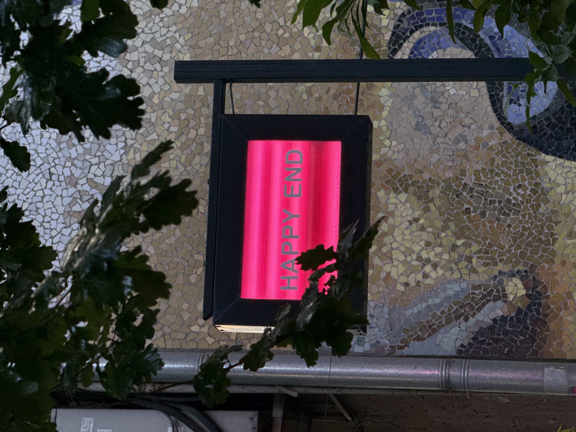The image captures a brightly illuminated, rectangular sign with the text "HAPPY END" glowing in pink against a mosaic-tiled wall, seen at night in Yerevan, Armenia. The sign, encased in a black frame, features the words "HAPPY END" in light grey capital letters, oriented vertically from bottom to top, emitting a strong pink/magenta light that casts a soft glow on its immediate surroundings.
Dark green foliage, likely tree branches with lobed leaves, partially obscures the upper left corner and crosses in front of the lower portion of the sign, adding a natural frame to the urban detail.
The background consists of an elaborate mosaic mural covering the building's facade. This mosaic is composed of numerous irregularly shaped tiles in a palette of beige, various browns, blues, and black. Parts of the mosaic suggest abstract or possibly figurative designs, with distinct sections of blue and black tiles visible above and to the right of the sign, contrasting with the lighter, earthy tones elsewhere.
Below the sign and the mosaic, a silver-grey metal pipe runs horizontally across the scene. The overall dimness of the environment, punctuated by the vibrant neon sign, indicates that the photograph was taken during the evening or night. The scene is static, devoid of human activity, focusing on the architectural and artistic elements.