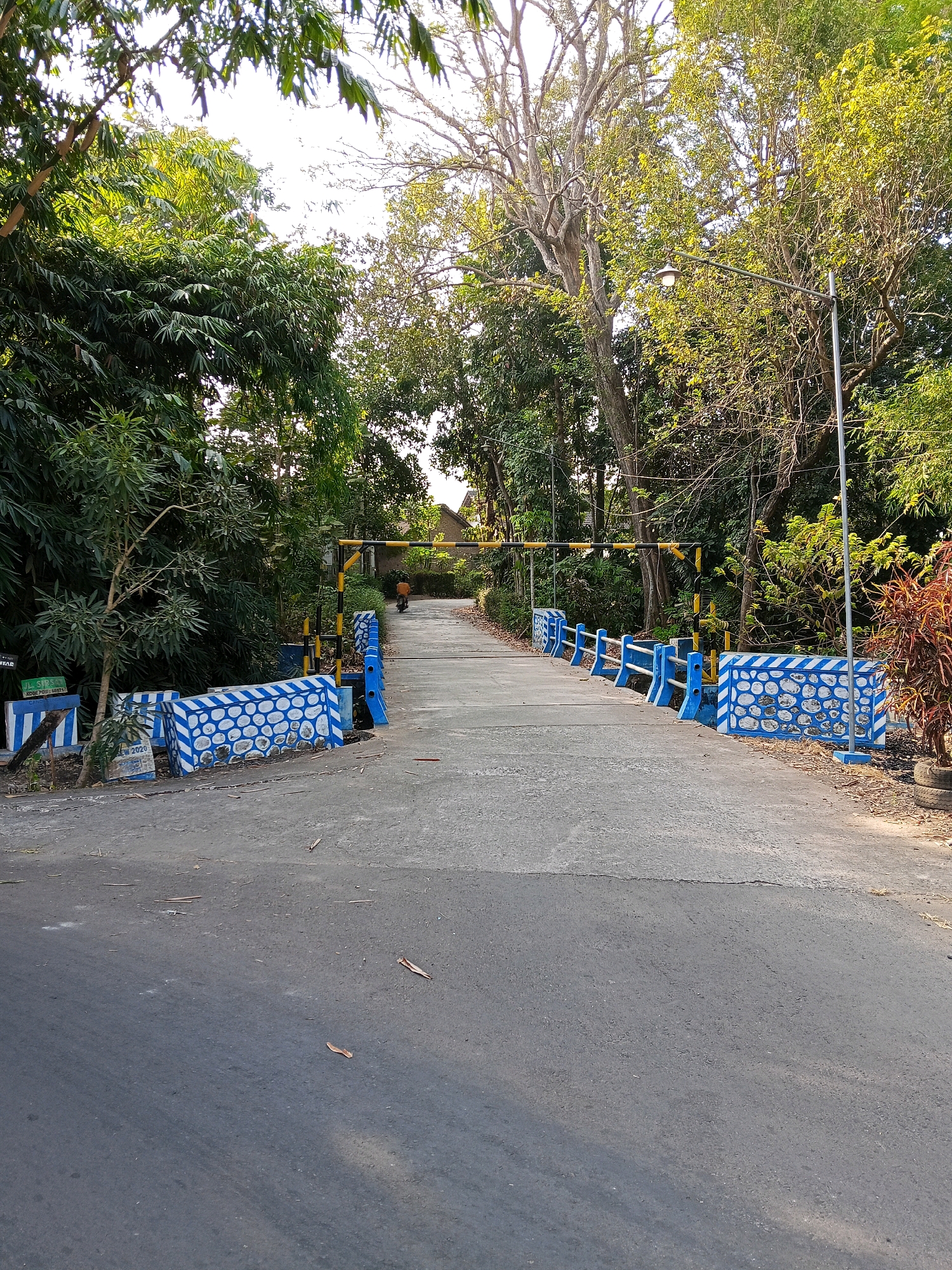 The image depicts a road leading to a bridge in Tingal, Indonesia, with lush green trees lining both sides of the road and extending over the bridge. The road is paved and shows signs of wear. The bridge has blue and white decorative barriers on either side, with a yellow and black striped gate barrier in the background, suggesting it might be a controlled entry point. The environment is sunny, with sunlight filtering through the dense foliage. A single person on a motorbike is visible in the distance, proceeding over the bridge. The overall scene conveys a sense of a rural or semi-rural setting within Indonesia.