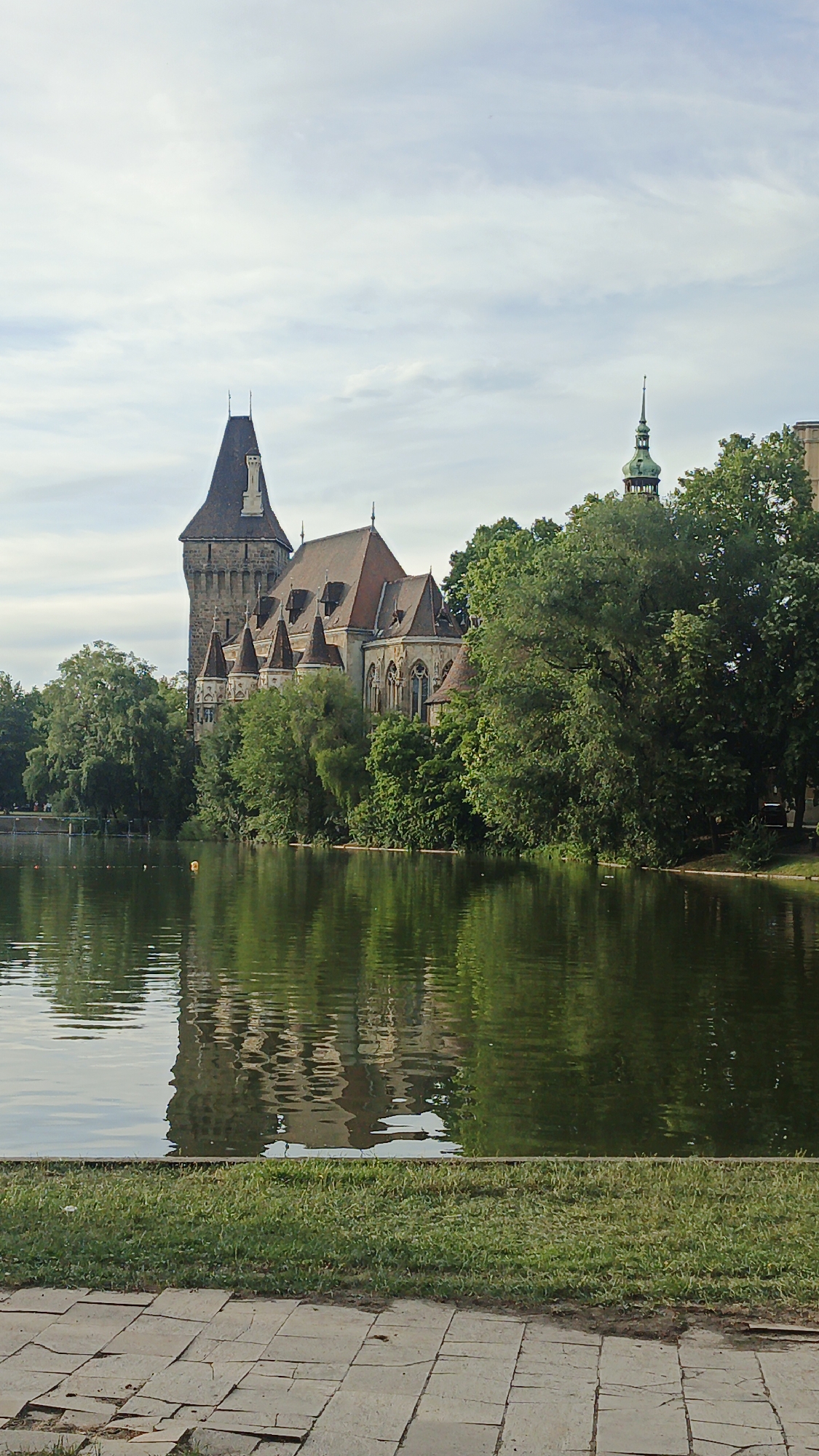 The image displays Vajdahunyad Castle in Budapest, Hungary, specifically situated within City Park. The view is across a tranquil body of water, likely the boating lake.
The central subject is the castle, characterized by a prominent, dark-roofed tower on the left, featuring a statue near its peak. Adjacent castle buildings showcase multiple red-tiled roofs and various spires, with intricate gothic architectural details visible, including pointed arch windows. Further to the right, behind a cluster of trees, a slender, green-spired tower ascends into the sky.
The lake, occupying the midground, exhibits a greenish tint and subtle ripples that create distorted reflections of the castle and surrounding trees. A single small, yellow buoyant object floats on the water towards the left.
The far bank of the lake is densely lined with a variety of lush green trees and foliage, partially obscuring the castle structures. In the immediate foreground, a narrow strip of green grass borders a paved walkway. This pathway is constructed from irregularly shaped, light-colored flagstones or concrete slabs, with visible cracks and uneven surfaces.
The sky is overcast with a mixture of light grey and white clouds. No individuals are clearly visible within the scene.
